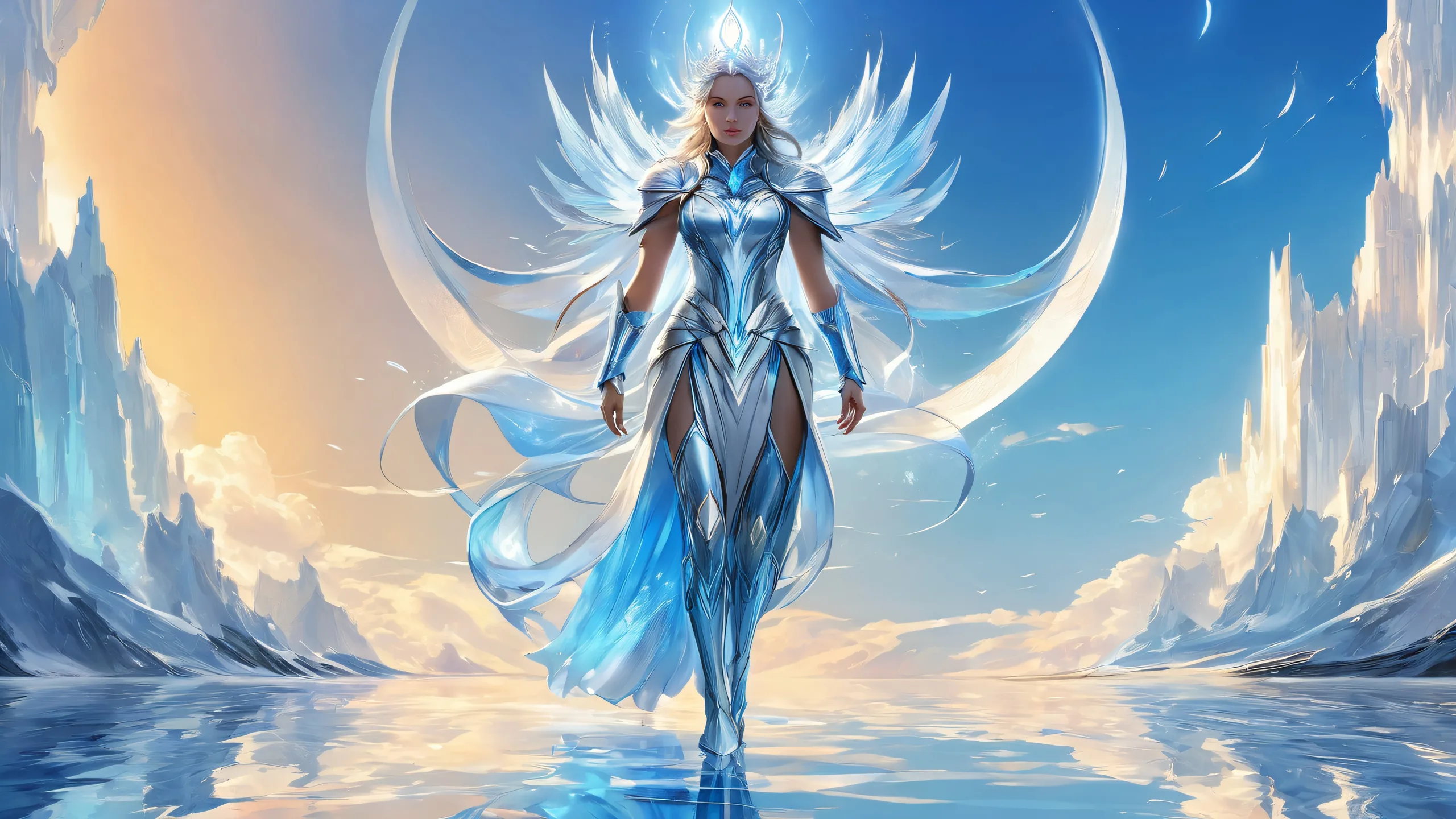 A heroic figure stands at the edge of a vast, pure void, with radiant lighting and brilliant colors.