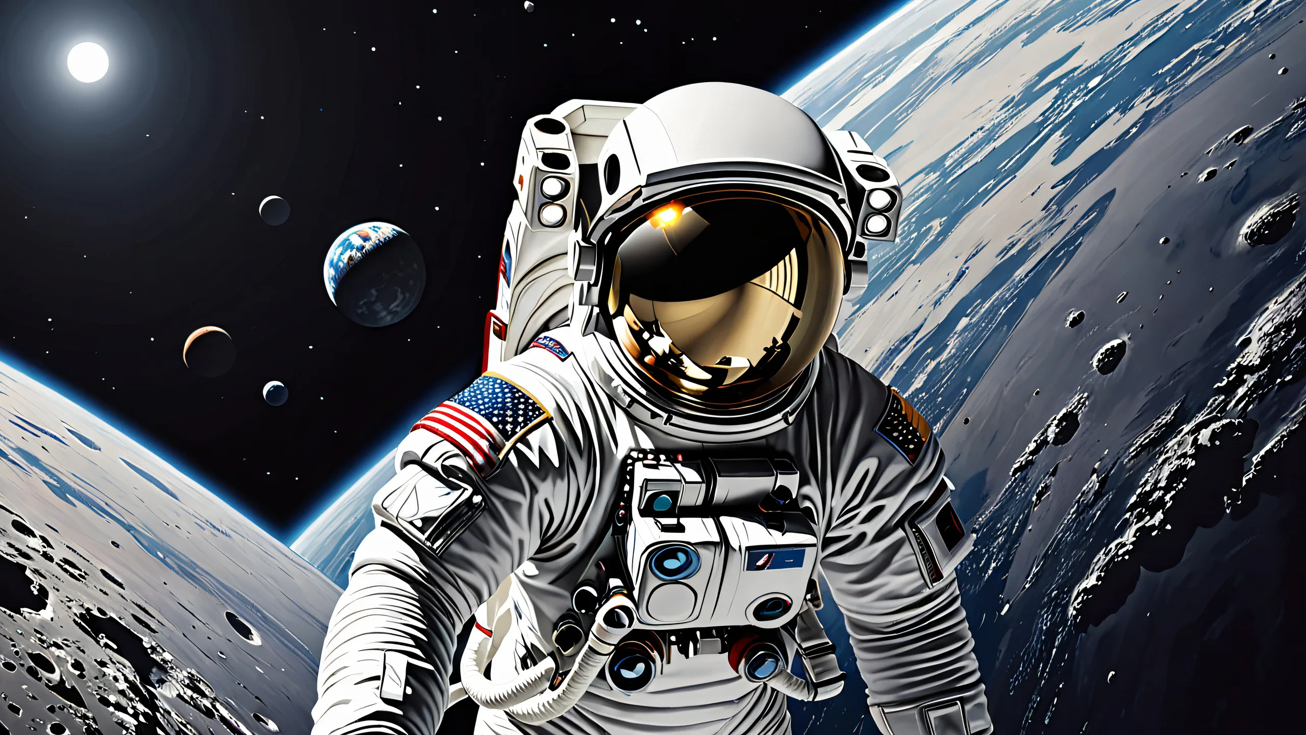 Astronaut in a pristine void with gray lines and radiant colors for desktop/pc use