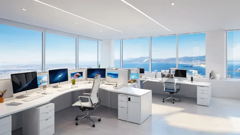 A serene desktop scene featuring colleagues in a pure void with radiant lighting and brilliant colors for use on Desktop/PC.