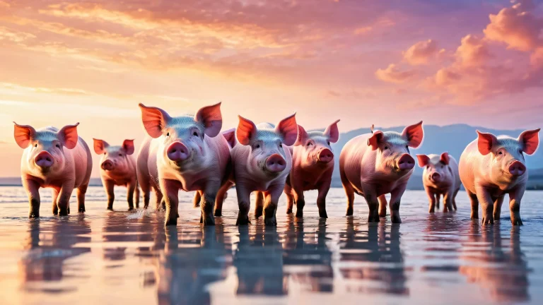 Desktop/PC wallpaper of pigs in a vast void with pristine clarity and ethereal lighting.