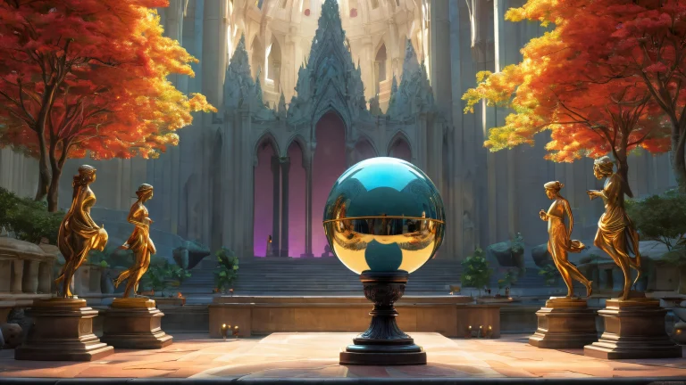 Desktop/PC wallpaper featuring a mystical orb and statue in a pure void with radiant colors and ray traced reflections.