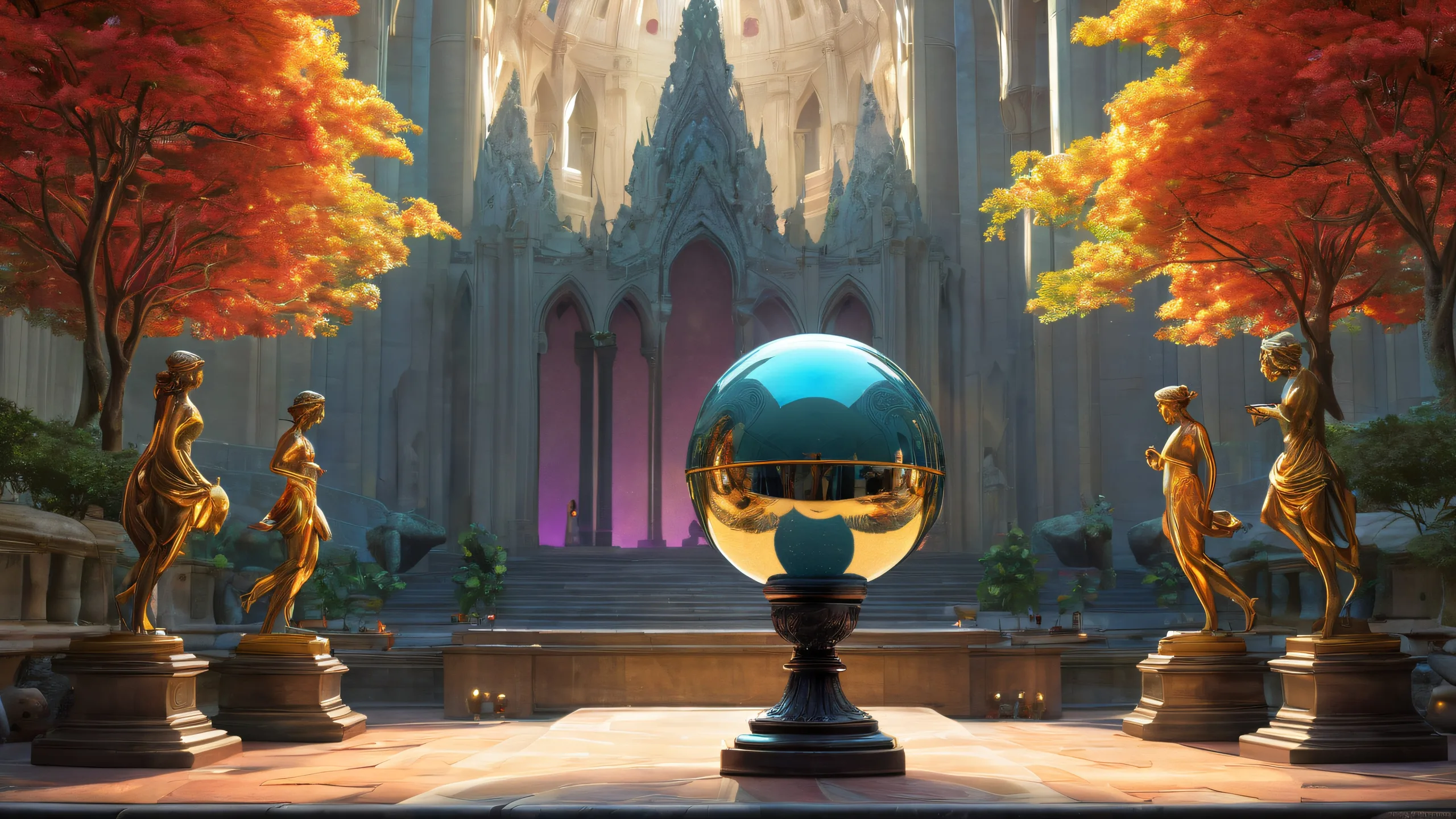 Desktop/PC wallpaper featuring a mystical orb and statue in a pure void with radiant colors and ray traced reflections.