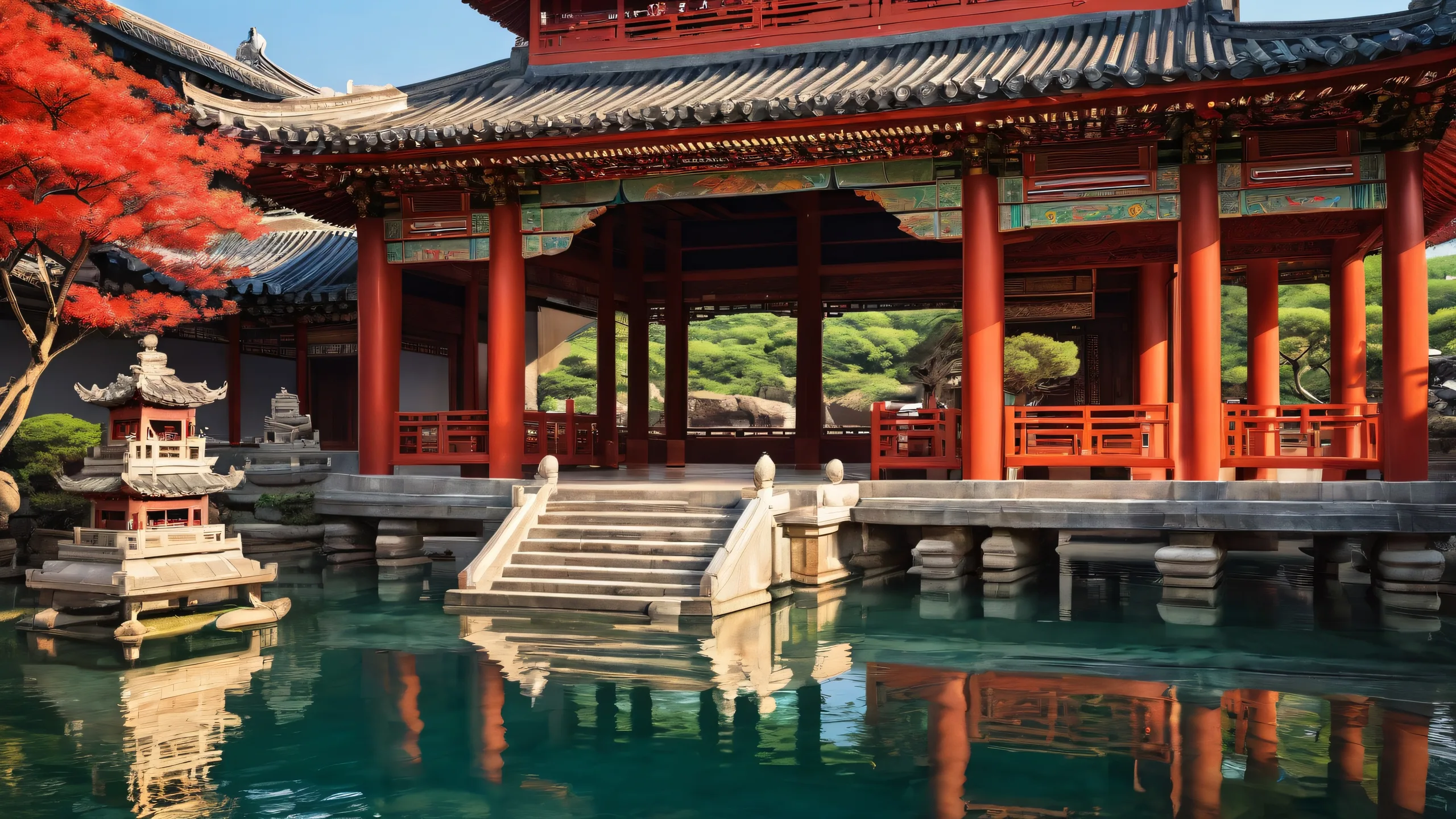Vibrant Asian architecture on a pristine desktop background for PC or laptop, perfect for screens with high contrast and deep depth of field.