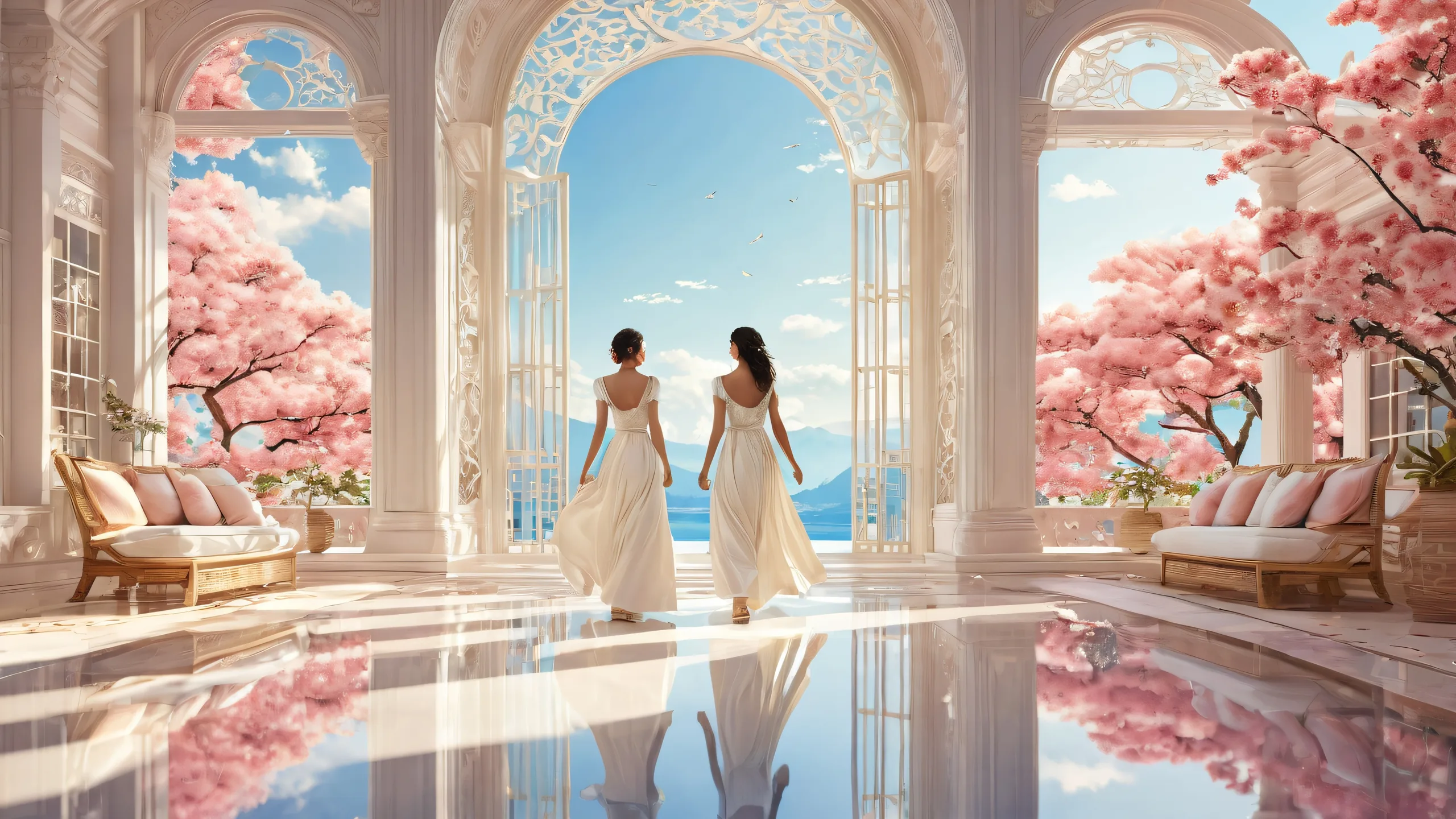 A serene desktop scene featuring women amidst a vast pure void, with subtle Asian-inspired architecture and decor. Ideal for Desktop/PC.