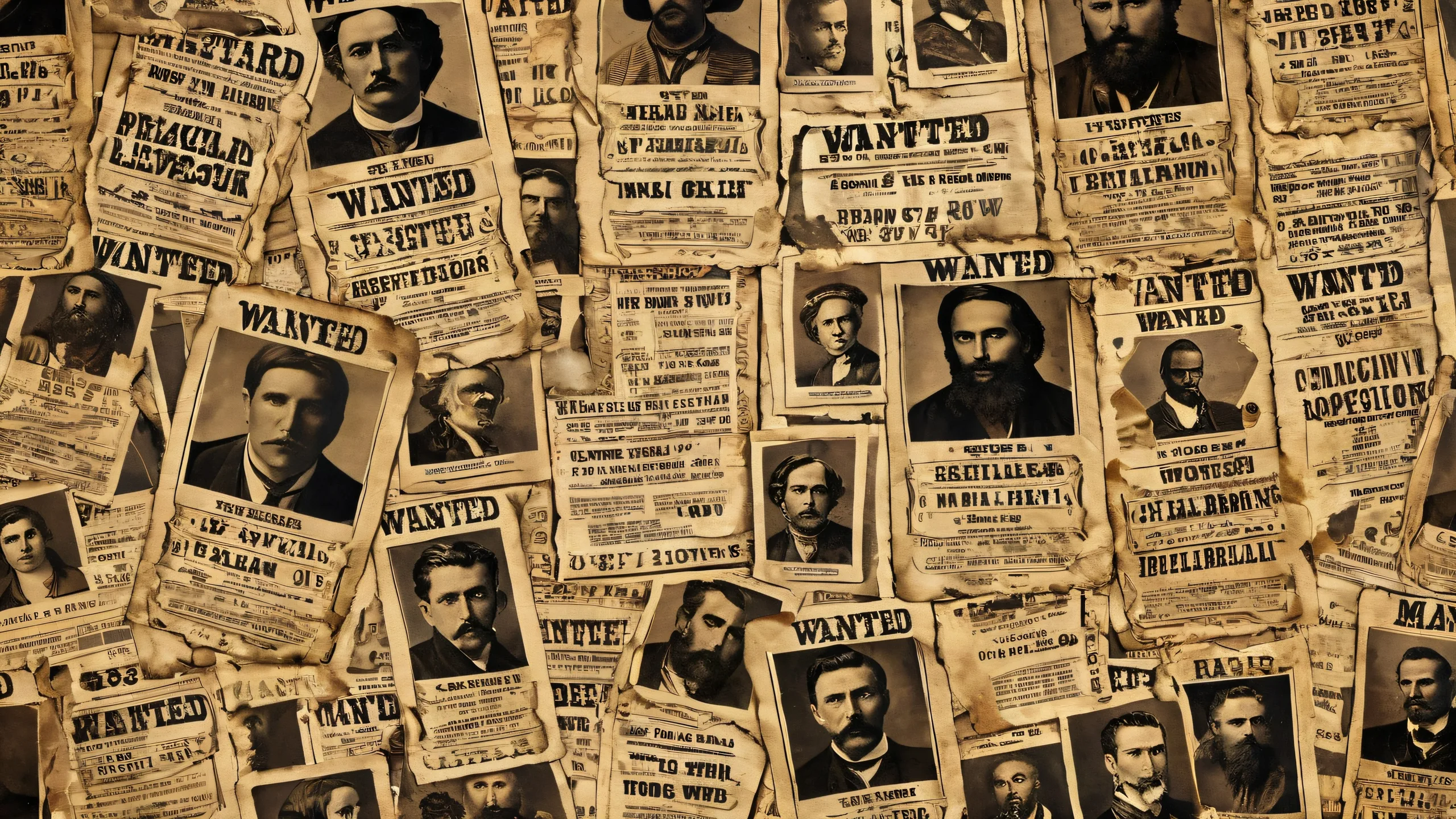 Wanted Posters on a black Desktop/PC background with torn edges and creases, suitable for high-resolution screens.