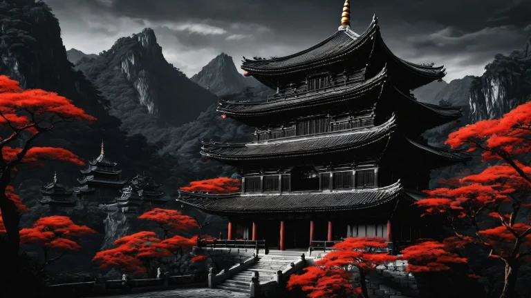 A beautifully rendered desktop wallpaper featuring a pagoda-like castle set against a vast, void-like background with deep blacks and striking contrast for your PC or Desktop.