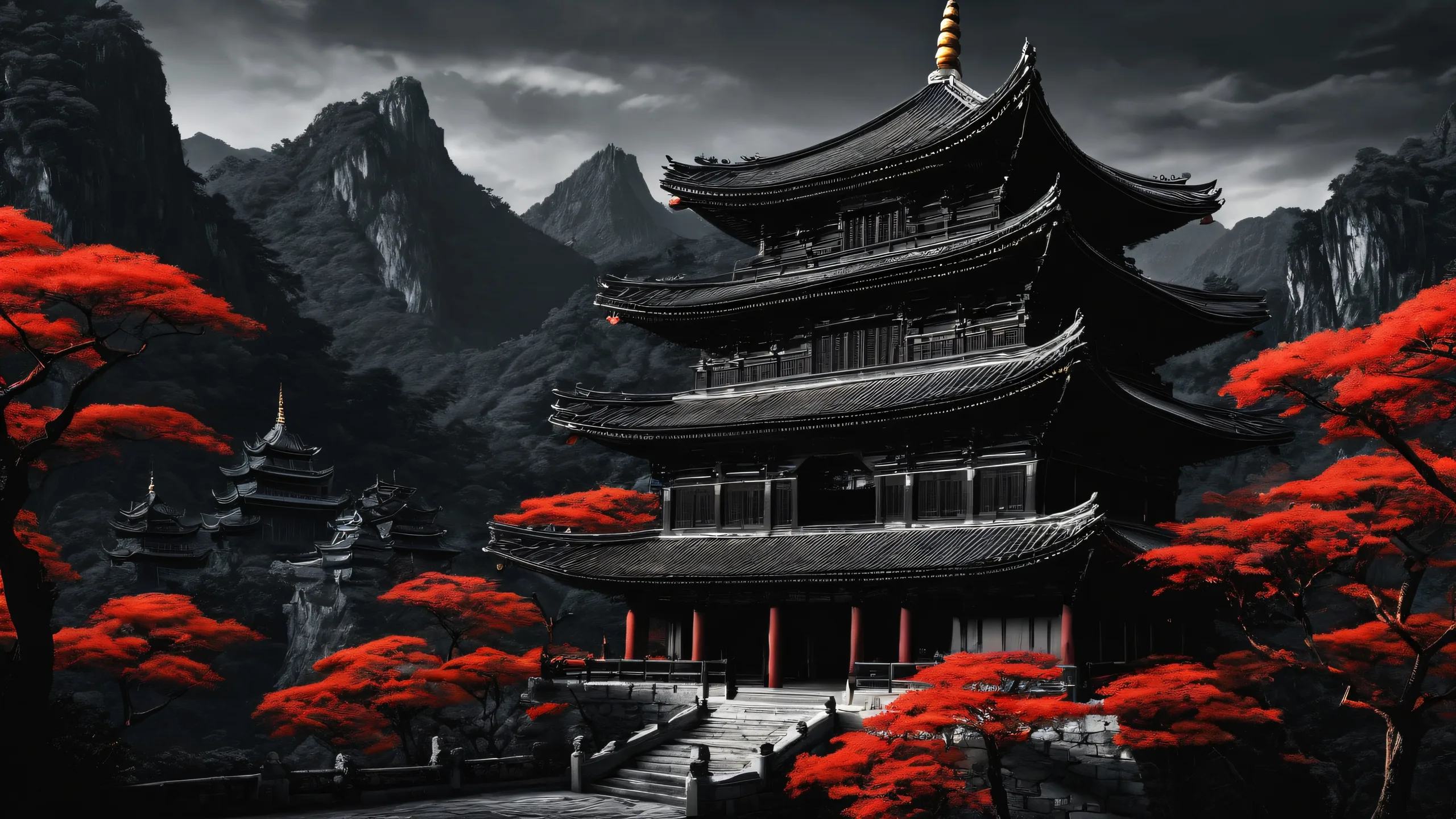 A beautifully rendered desktop wallpaper featuring a pagoda-like castle set against a vast, void-like background with deep blacks and striking contrast for your PC or Desktop.