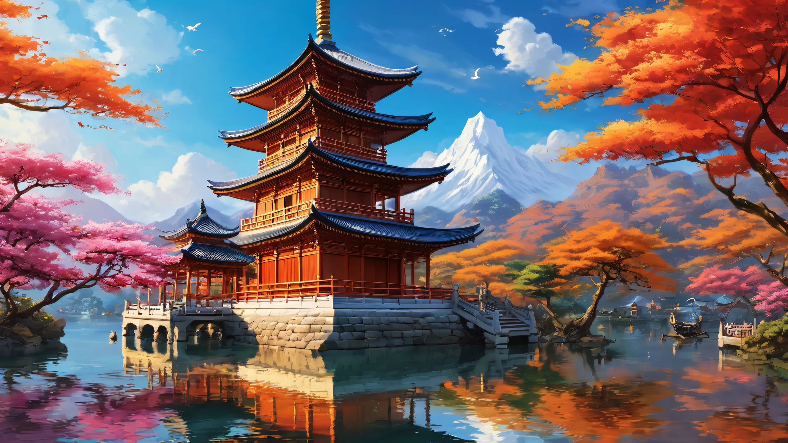 A beautifully designed desktop wallpaper featuring a serene pagoda scene for Desktop/PC use.