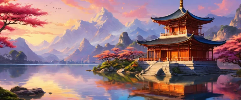 A beautifully crafted digital artwork of a pagoda on a vast pure void background for desktop/PC users.
