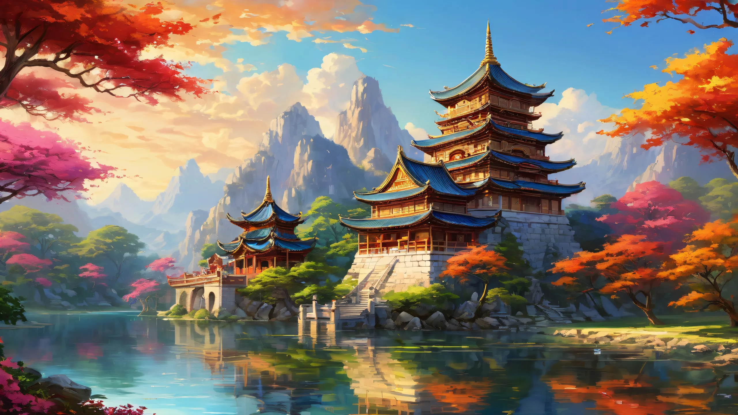 A breathtaking desktop wallpaper of a pagoda on a vast pure void with extreme depth of field, suitable for Desktop/PC