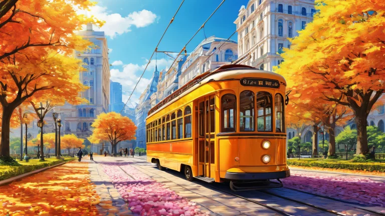 A stunning desktop wallpaper of a public park with a trolley, suitable for your Desktop/PC.