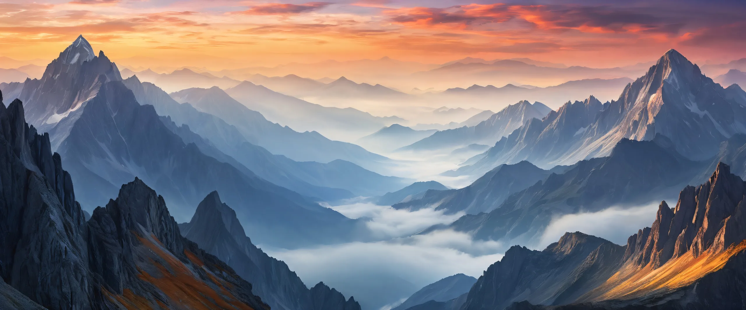Mountain silhouettes against a vast pure void with extreme depth of field and thick fog on a desktop/PC