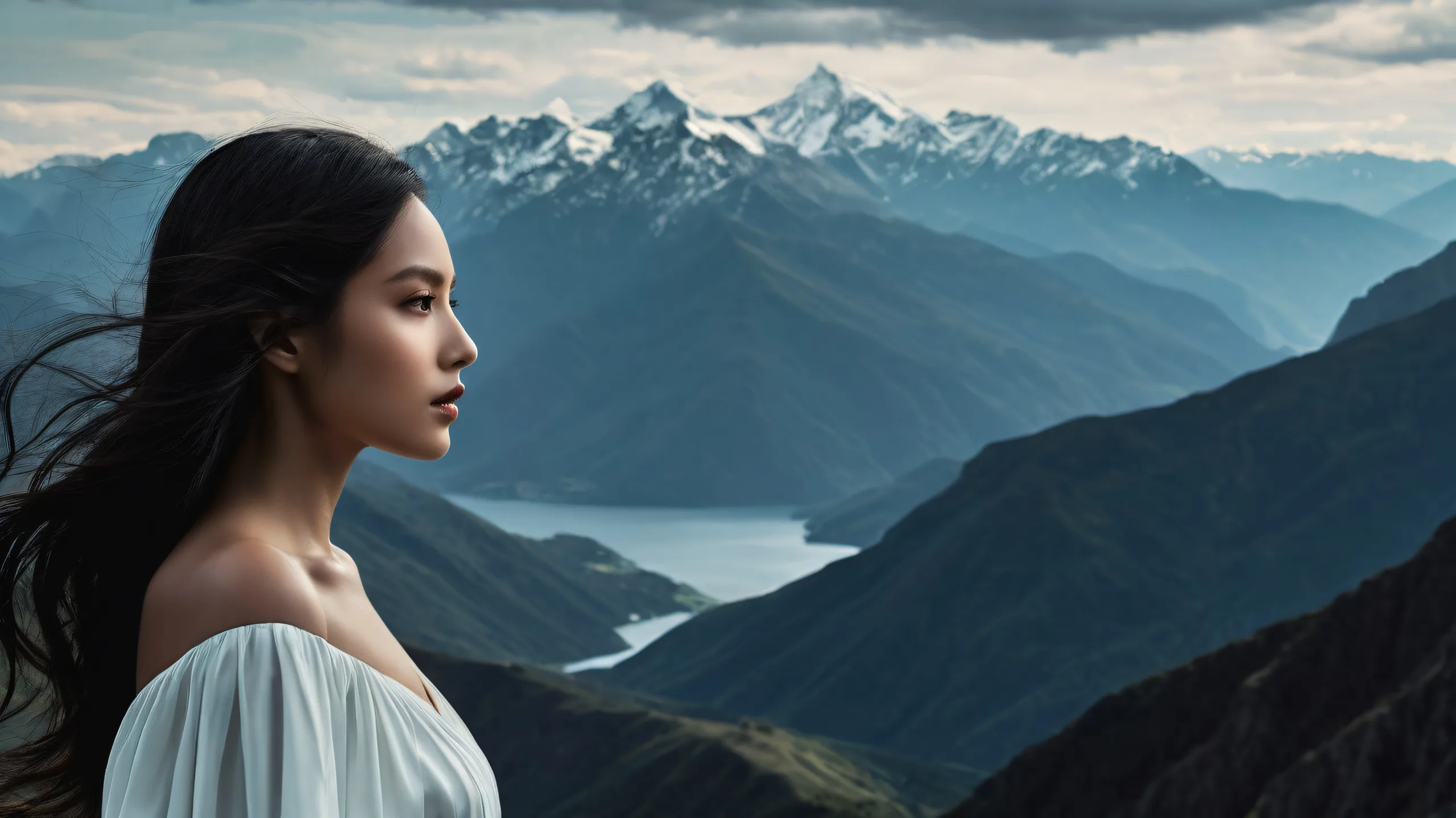 A serene desktop image featuring a woman standing outdoors amidst a vast, deep void, with mountains and sky in the distance. Perfect for use on a Desktop/PC.