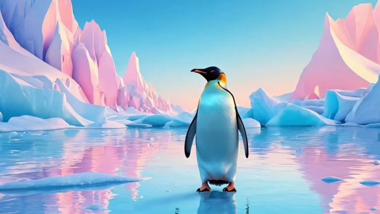 A stunning penguin desktop scene with radiant colors and reflections on a pure void background for PC/ Desktop users.