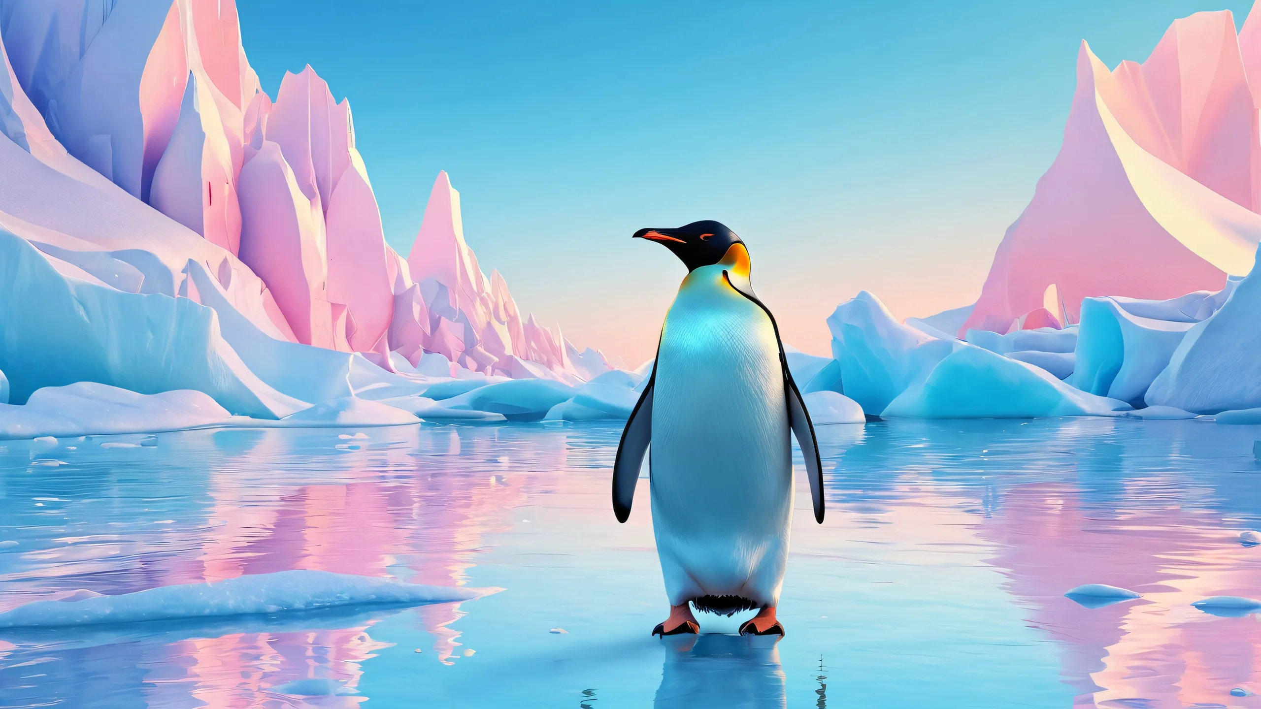 Ethereal Penguin Oasis 4K UHD Wallpaper A stunning penguin desktop scene with radiant colors and reflections on a pure void background for PC/ Desktop users.