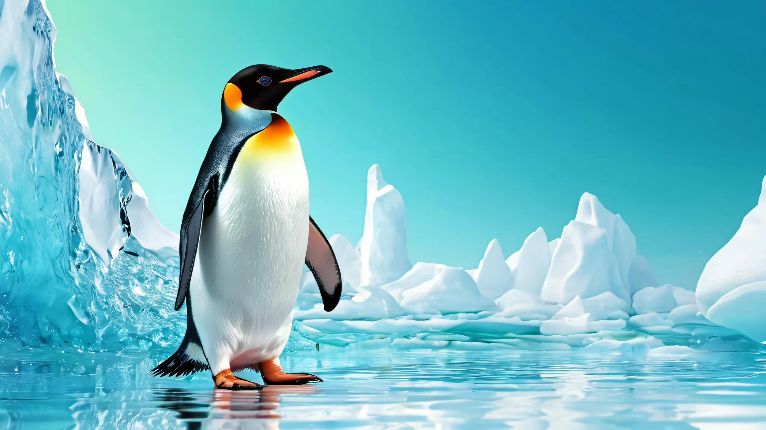 A majestic penguin standing in a vast, pure void with ethereal lighting, perfect for a desktop or PC background.