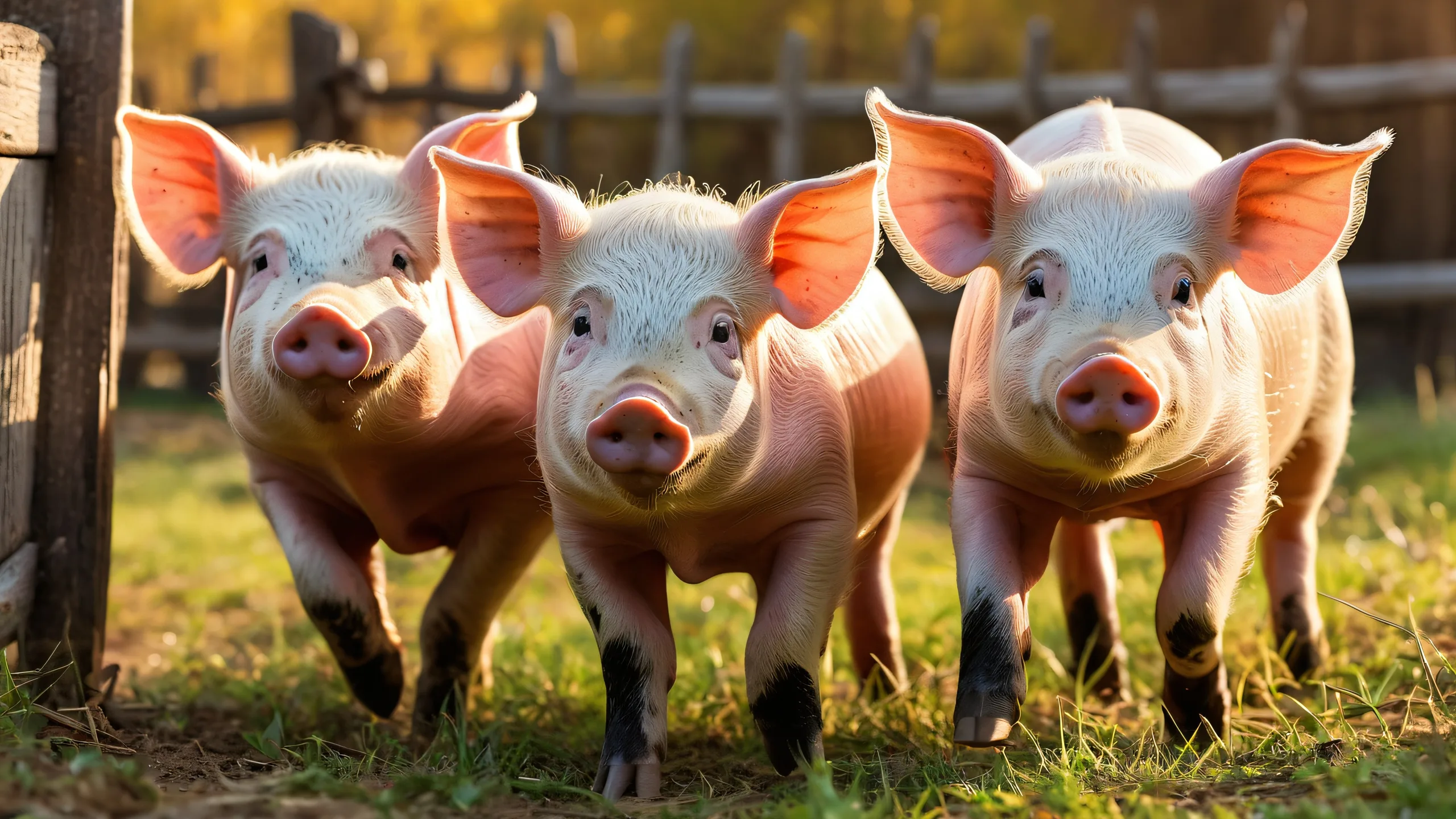 Desktop/PC background featuring pigs in a rustic setting with wooden fence and subtle details.