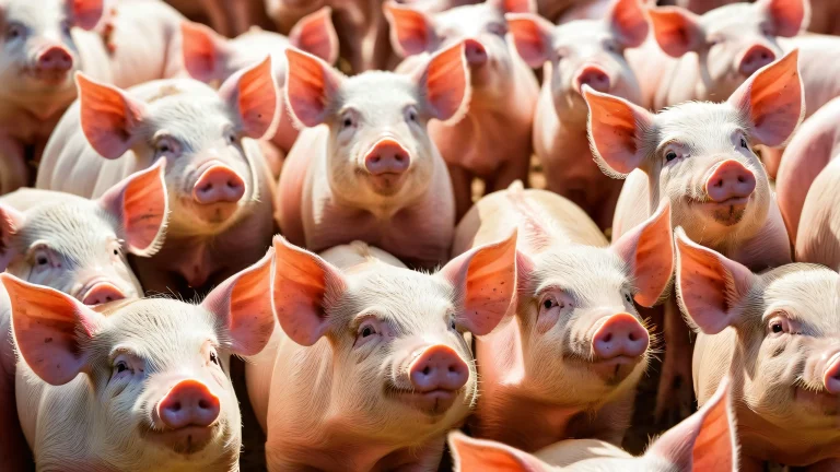 A serene desktop image of pigs against a vast, pure void with ethereal lighting for visually impaired users accessing this 16:9 aspect ratio macOS wallpaper.