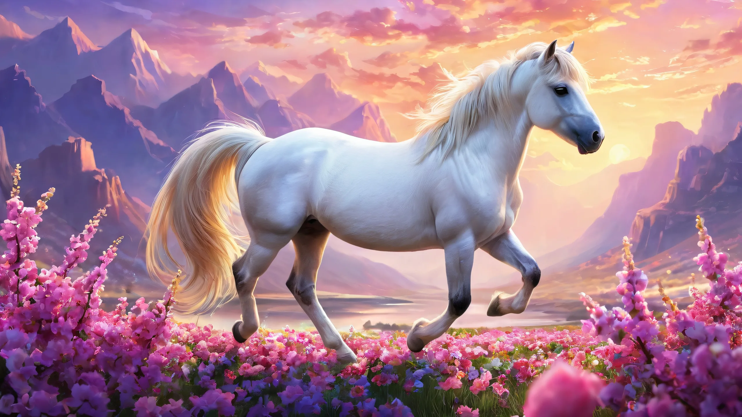 Desktop/PC wallpaper featuring a beautifully detailed pony set against a stunning, pristine void with depth of field and ray traced reflections.