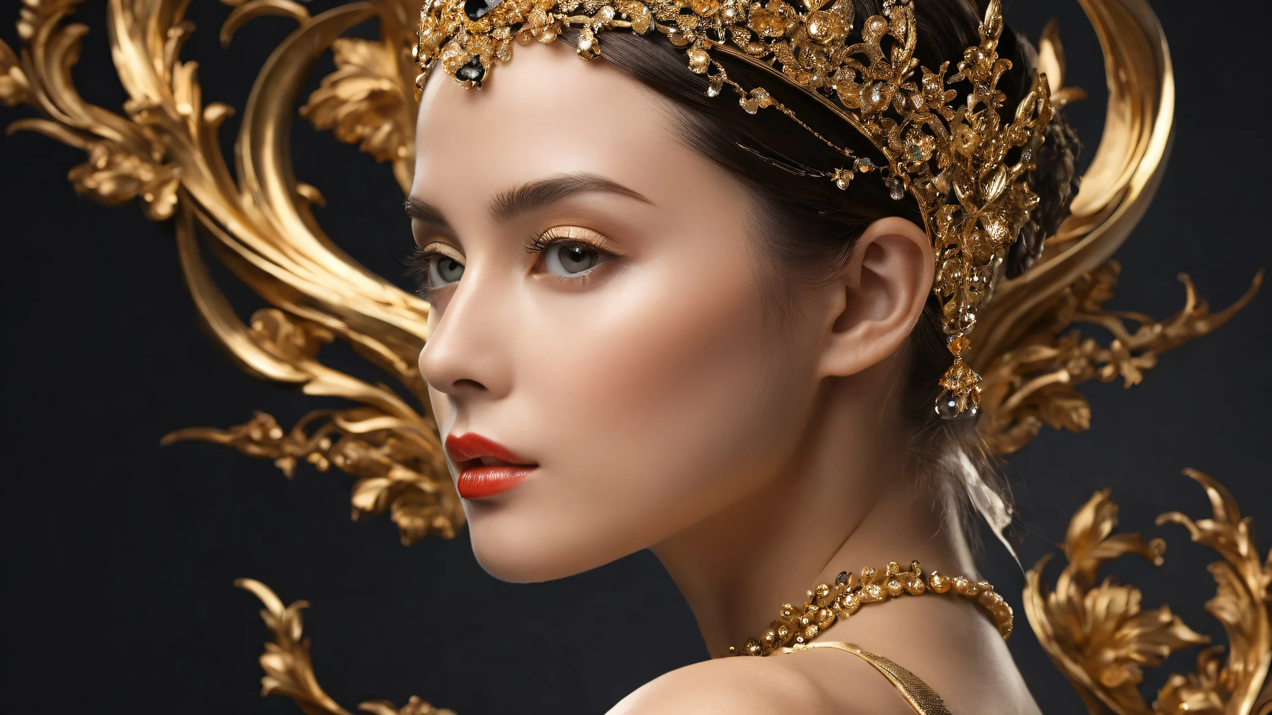 Portrait of a woman on a pure void background with extreme depth of field, suitable for desktop/pc.