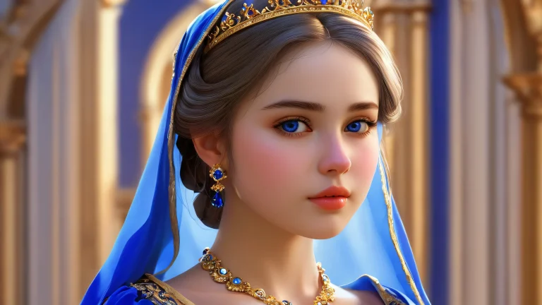 A solitary young princess stands majestically against a radiant blue background for your Desktop/PC.
