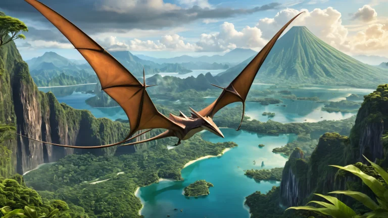 A prehistoric pteranodon soars through a vast, pure void with a lush jungle and volcano in the background, perfect for a desktop or PC.