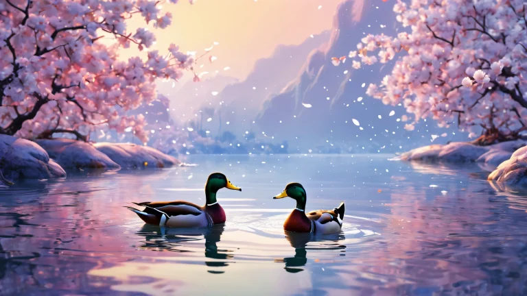 A stunning desktop wallpaper featuring ducks in a vast, pure void with ethereal lighting and brilliant colors for PC or Desktop use.