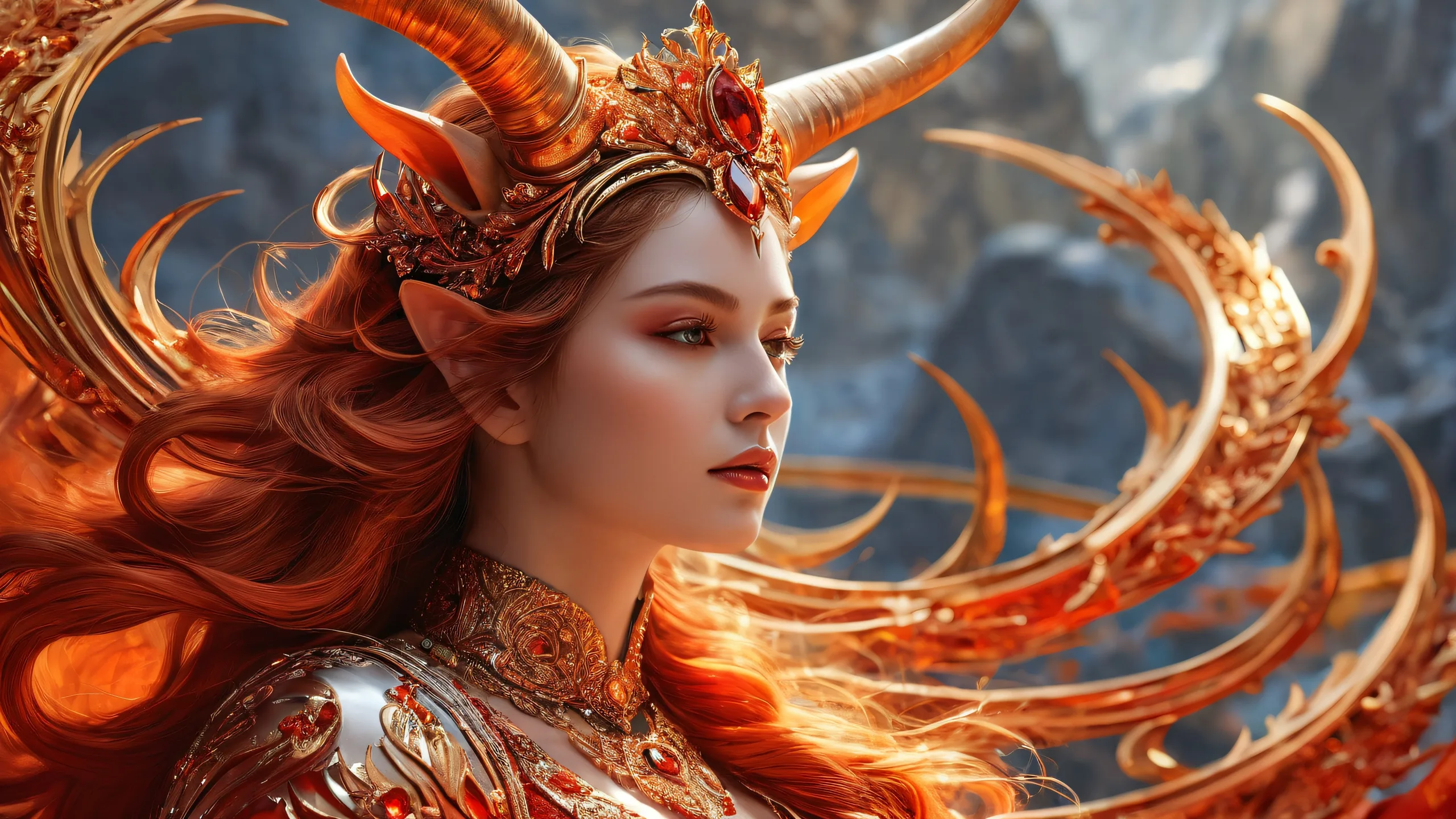 A majestic Horned Queen sits on a throne amidst a vast, pure void, perfect for your desktop/pc.