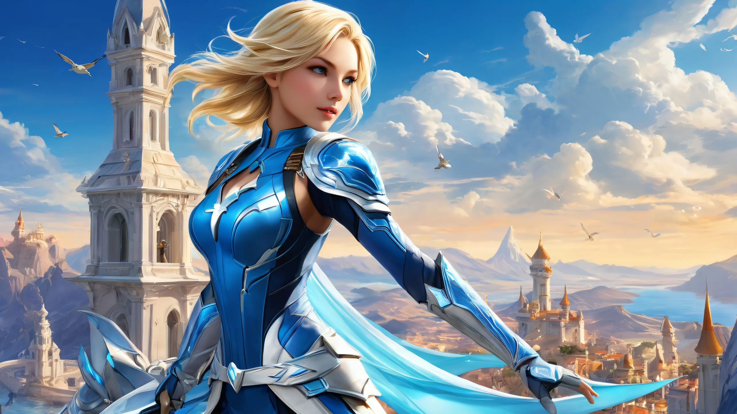 Desktop/PC wallpaper featuring fantastical video game characters in a breathtaking CGI environment with ethereal lighting and radiant colors.