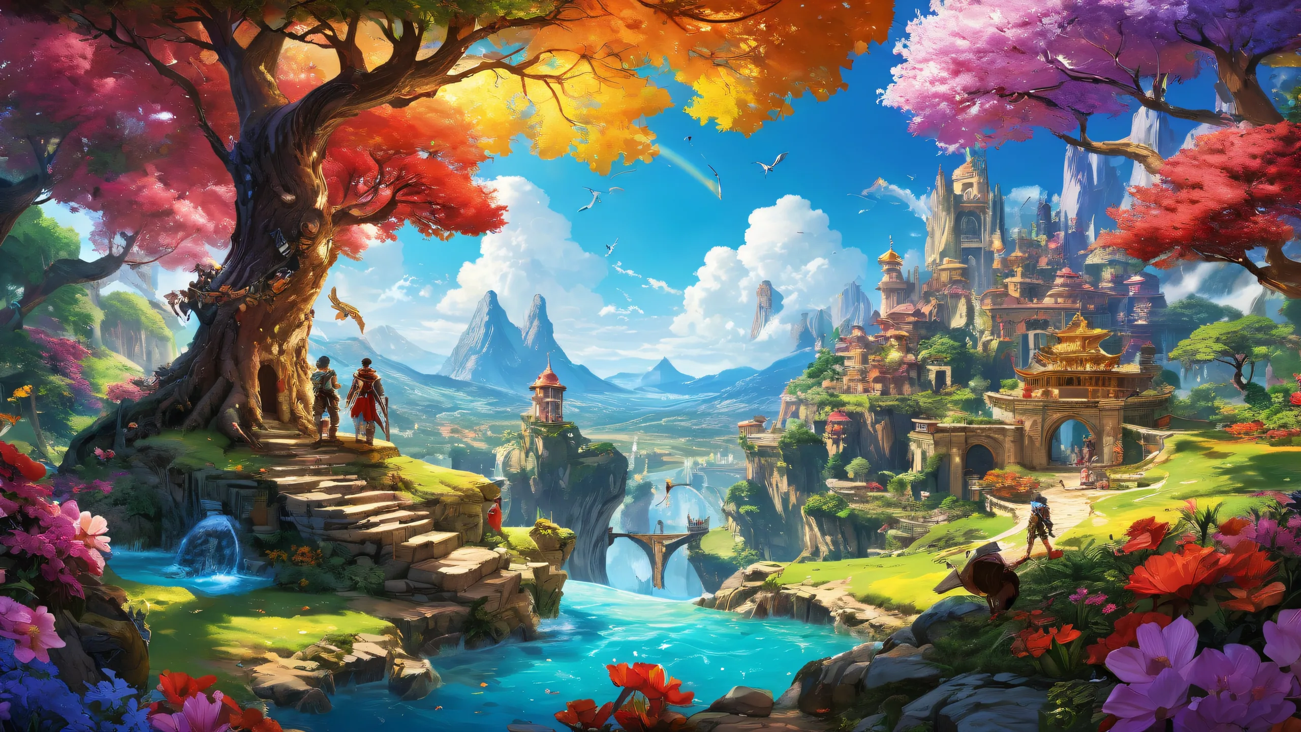 Beautiful desktop wallpaper featuring video game characters in a vast, pure void with extreme depth of field and ethereal lighting. Suitable for Desktop/PC.