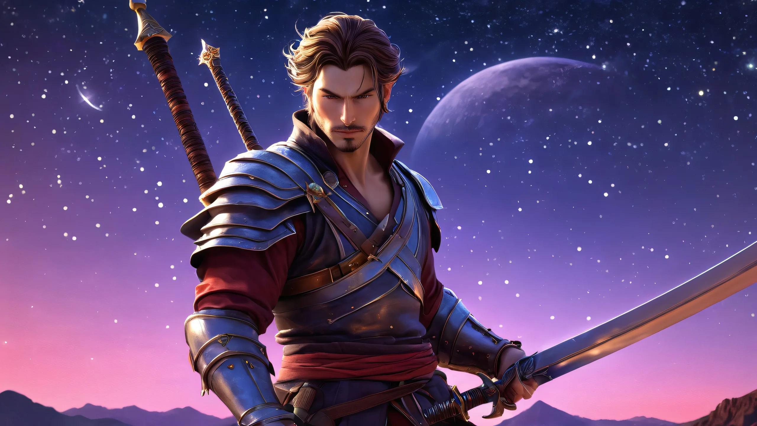 Ethereal Quest Under Stars Aesthetic PC Wallpaper A breathtaking desktop wallpaper of men with swords against a starry night sky for your PC or Desktop.