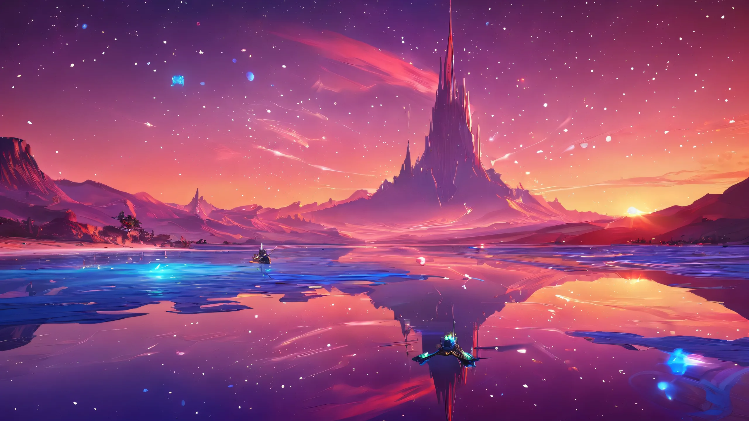 A stunning desktop wallpaper featuring video game characters against a vast, pure void with extreme depth of field and radiant lighting for desktop/pc