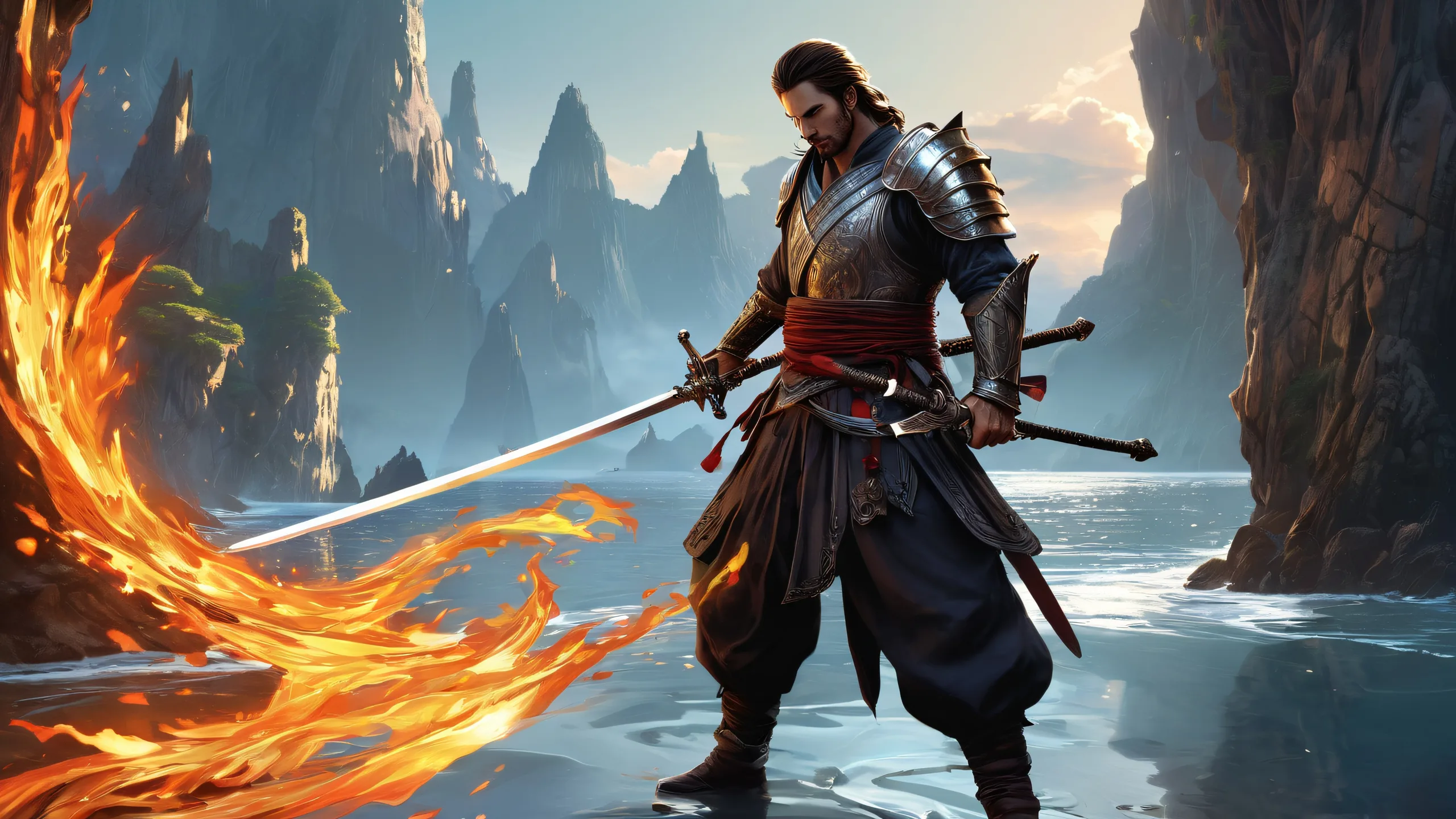 Men with swords standing on a vast, pristine void, perfect for desktop/pc wallpapers.