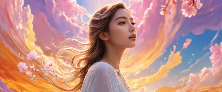 Award-winning digital art of a woman in a pure void, perfectly lit and radiant with brilliant colors, for desktop/pc use.