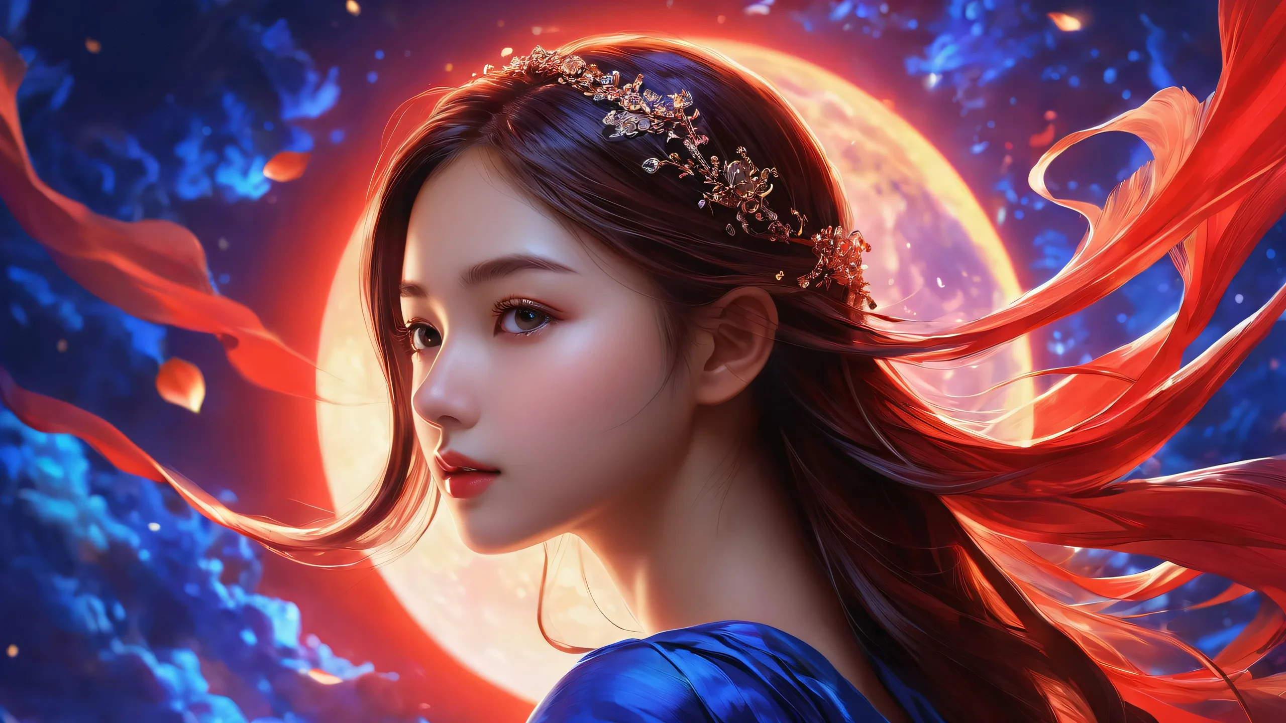 A majestic girl stands in a vast pure void with radiant colors and ethereal lighting on a desktop/pc, perfect for macOS wallpapers.