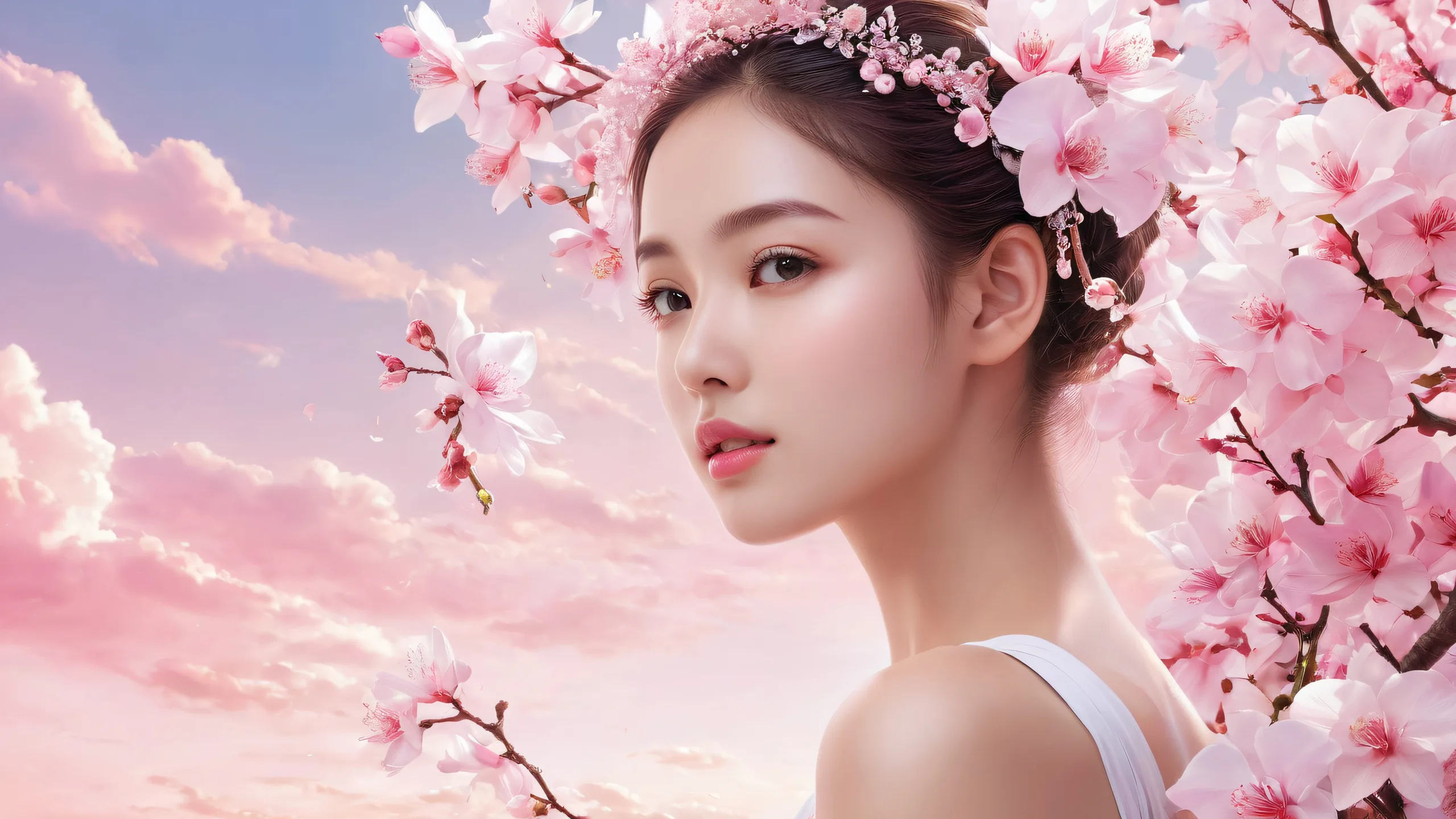 A woman stands amidst a vast, pure void on your desktop or PC, bathed in ethereal lighting and radiant colors.