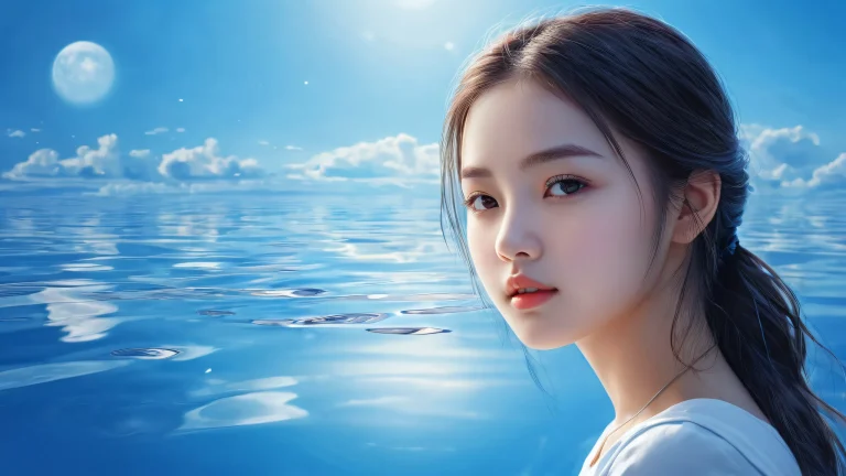 A radiant and serene portrait of a young woman set against the backdrop of a pure void, with intricate details and ray-traced reflections.