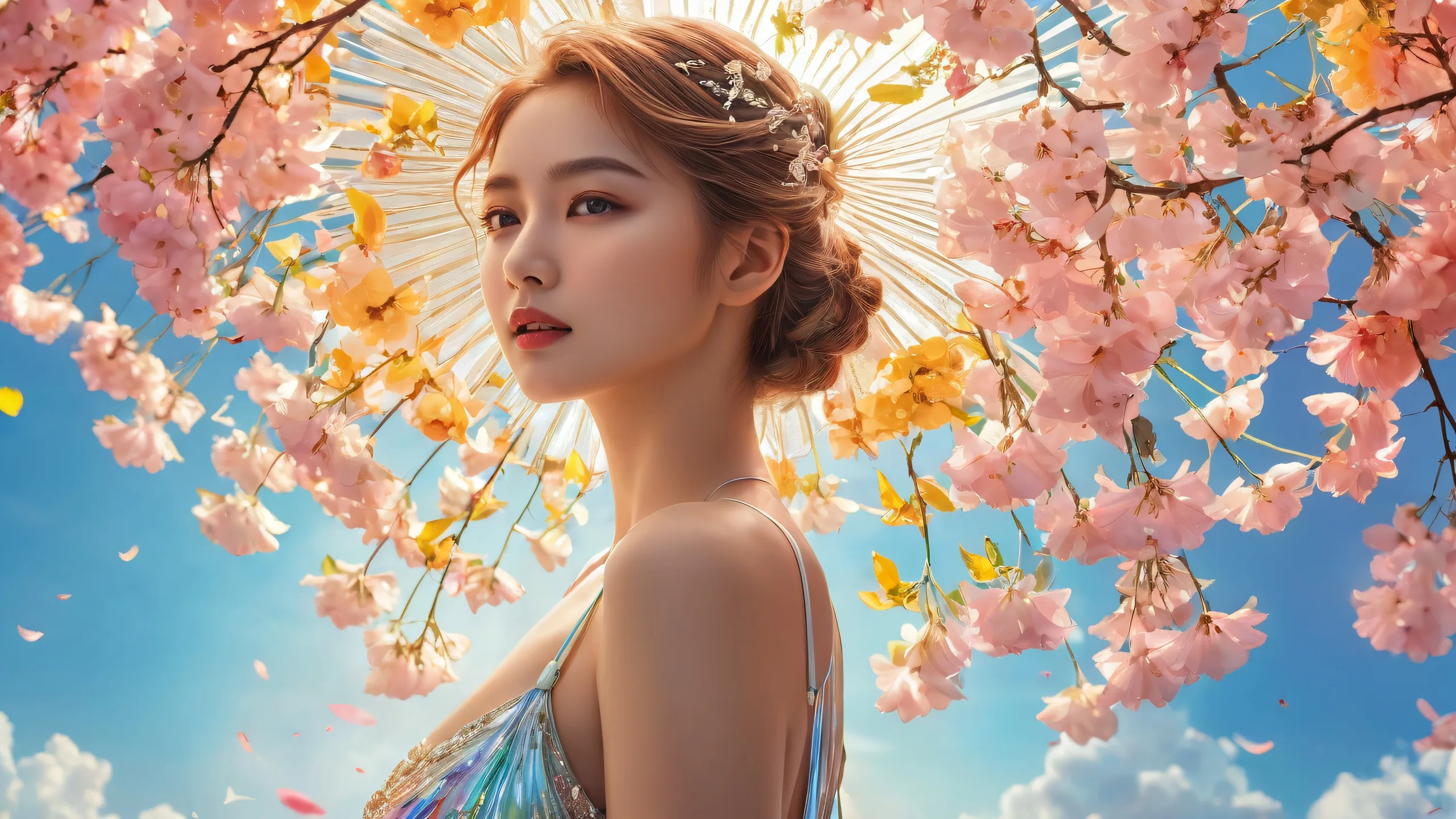 A majestic woman stands in a vast, pure void with extreme depth of field and radiant backlighting, perfect for desktop/pc backgrounds.