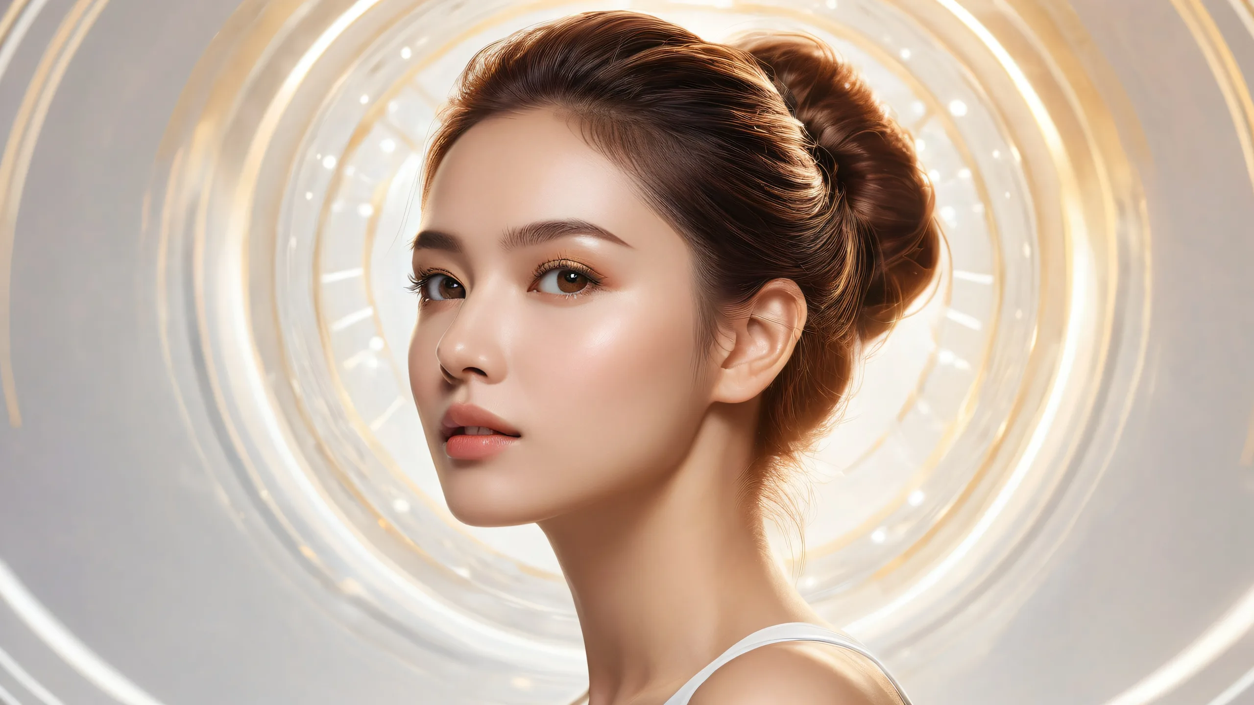 A stunning portrait of a woman against a pure void background on Desktop/PC, with subtle cosmic hints and radiating colors.