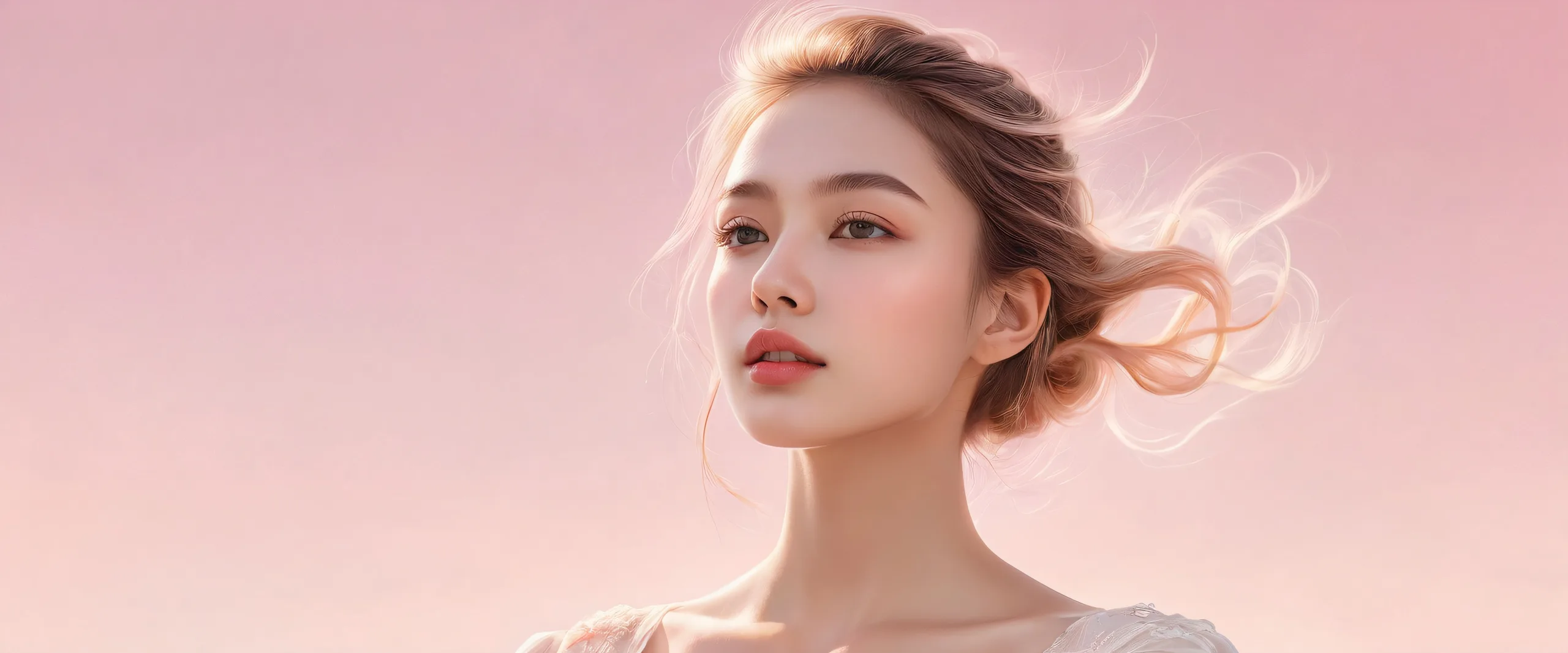 Ethereal Radiance Aesthetic PC Wallpaper Portrait of a woman against a pristine void background for desktop/pc, emphasizing ethereal lighting and photorealistic rendering.