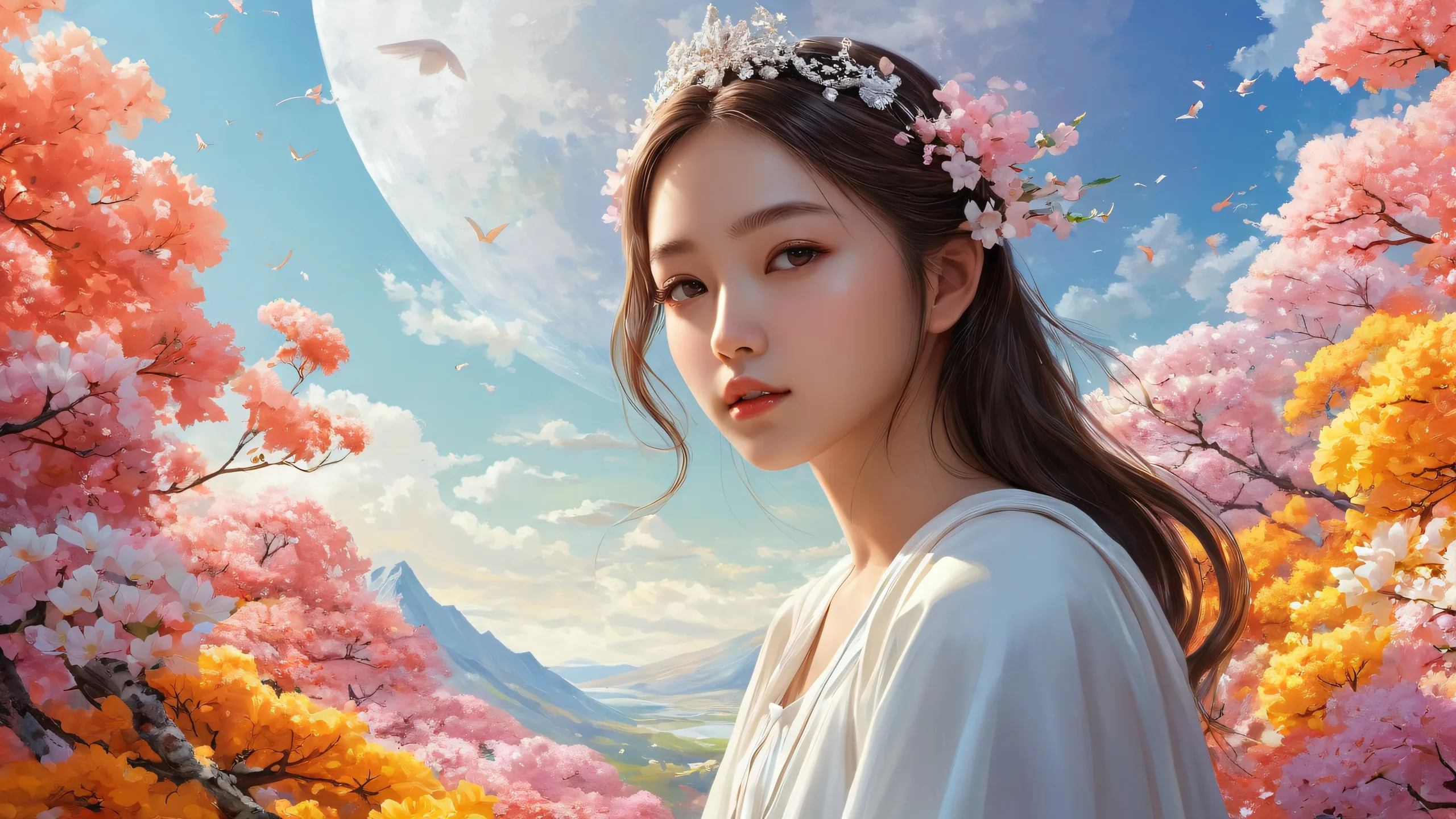 Ultra HD Ethereal Radiance in Perfection Wallpaper A serene desktop wallpaper featuring a girl in a vast pure void with extreme depth of field, perfect for PCs and desktops.