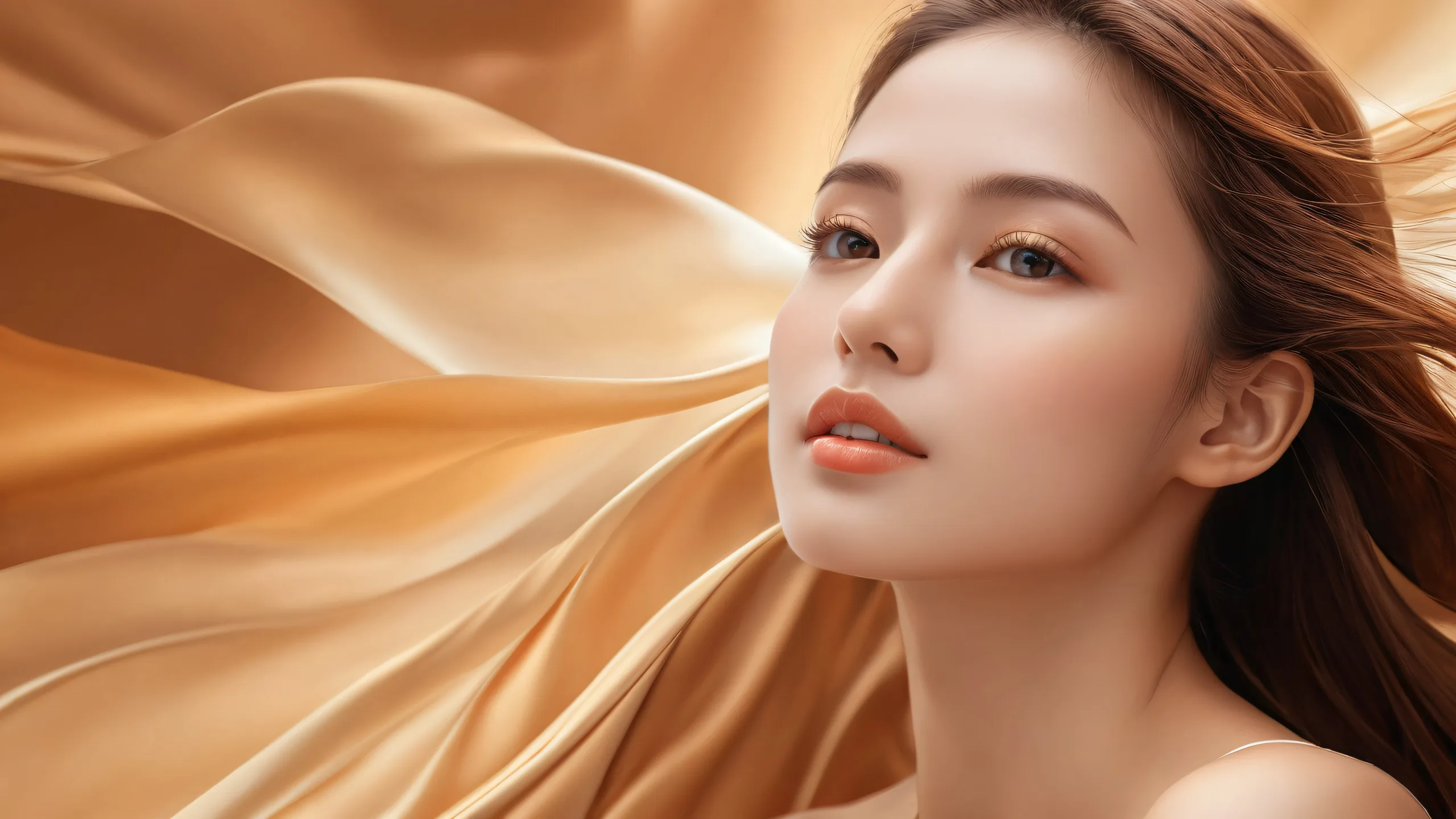 A serene portrait of a woman set against a vast pure void, ideal for desktop/pc use.