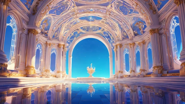 Desktop/PC wallpaper featuring retro video game characters in an ethereal, radiant environment with brilliant colors and ray traced reflections.