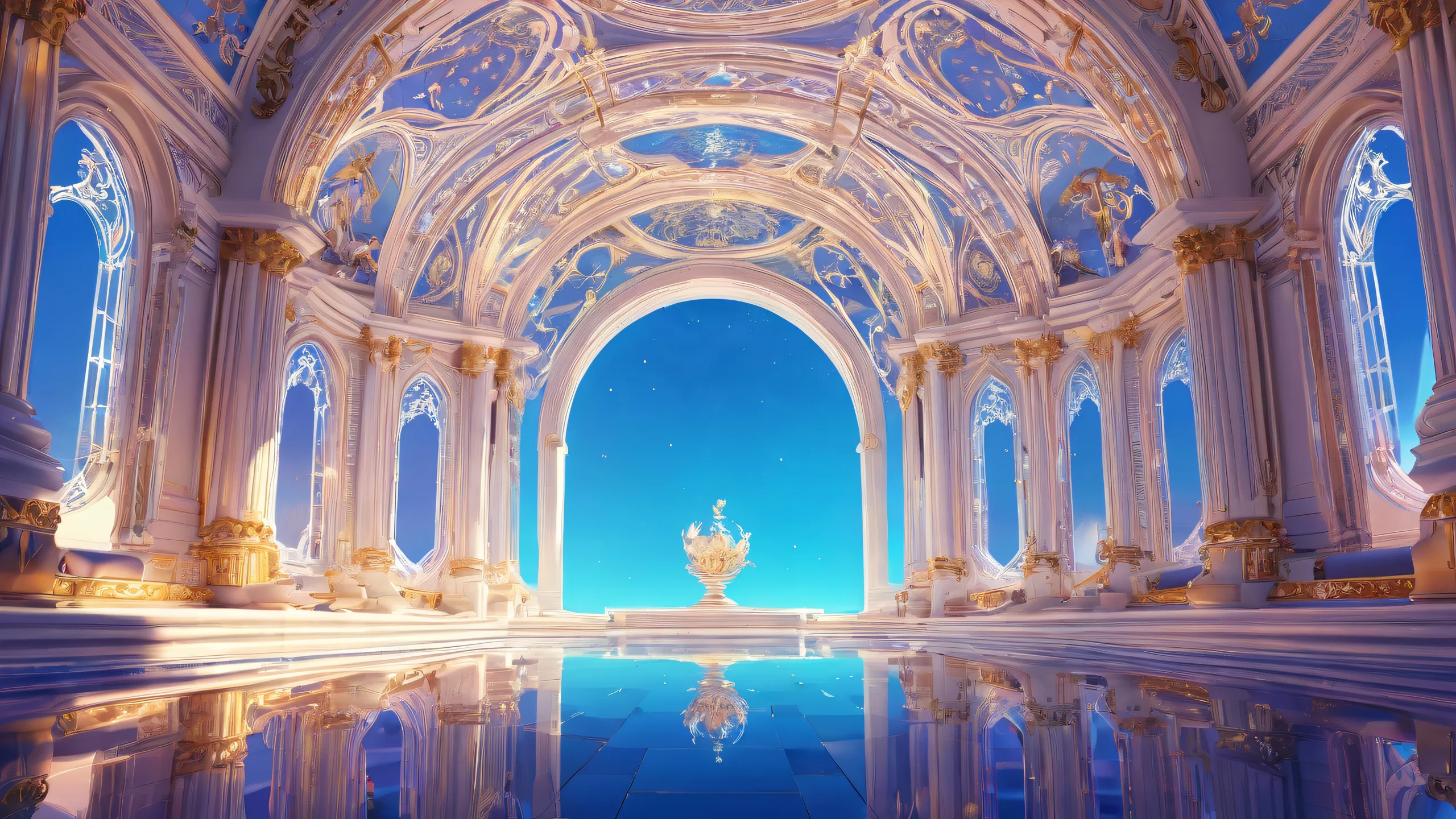 Desktop/PC wallpaper featuring retro video game characters in an ethereal, radiant environment with brilliant colors and ray traced reflections.