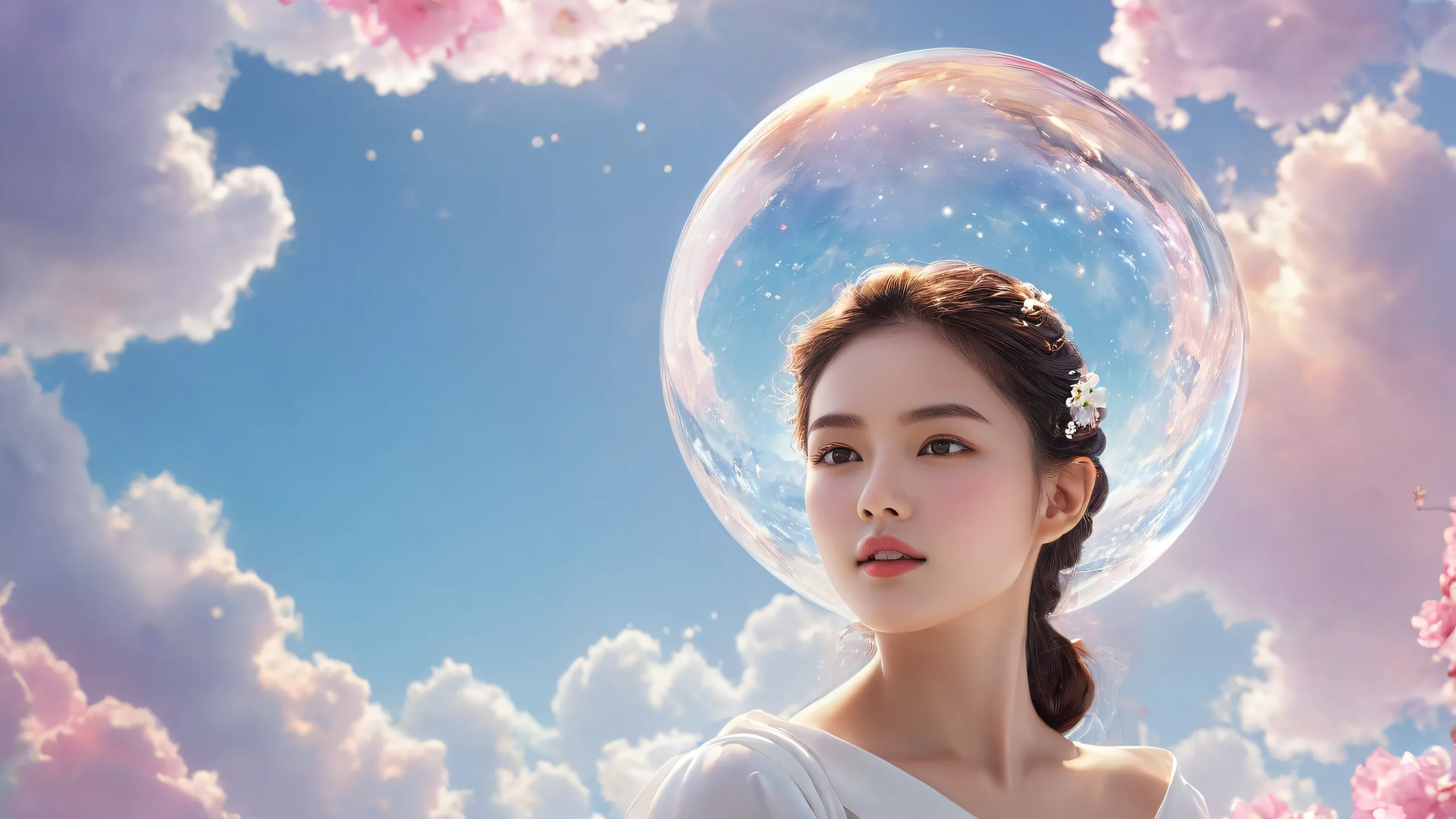 Ethereal Radiance Unfolds 4K UHD Wallpaper A serene digital art depiction of a woman set against a vast pure void on a desktop/pc, with ethereal lighting and brilliant colors.