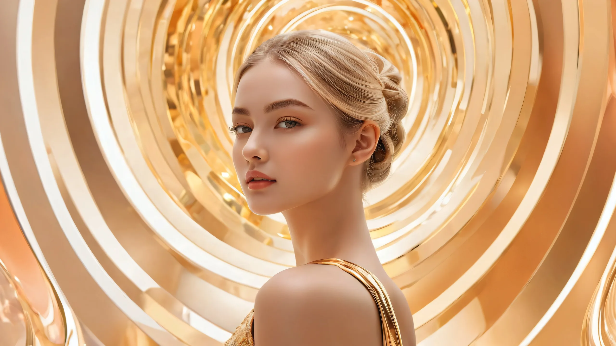 Ethereal Radiance Unfolds Aesthetic PC Wallpaper Woman in a vast pure void with deep depth of field and ray traced reflections, suitable for desktop/PC.