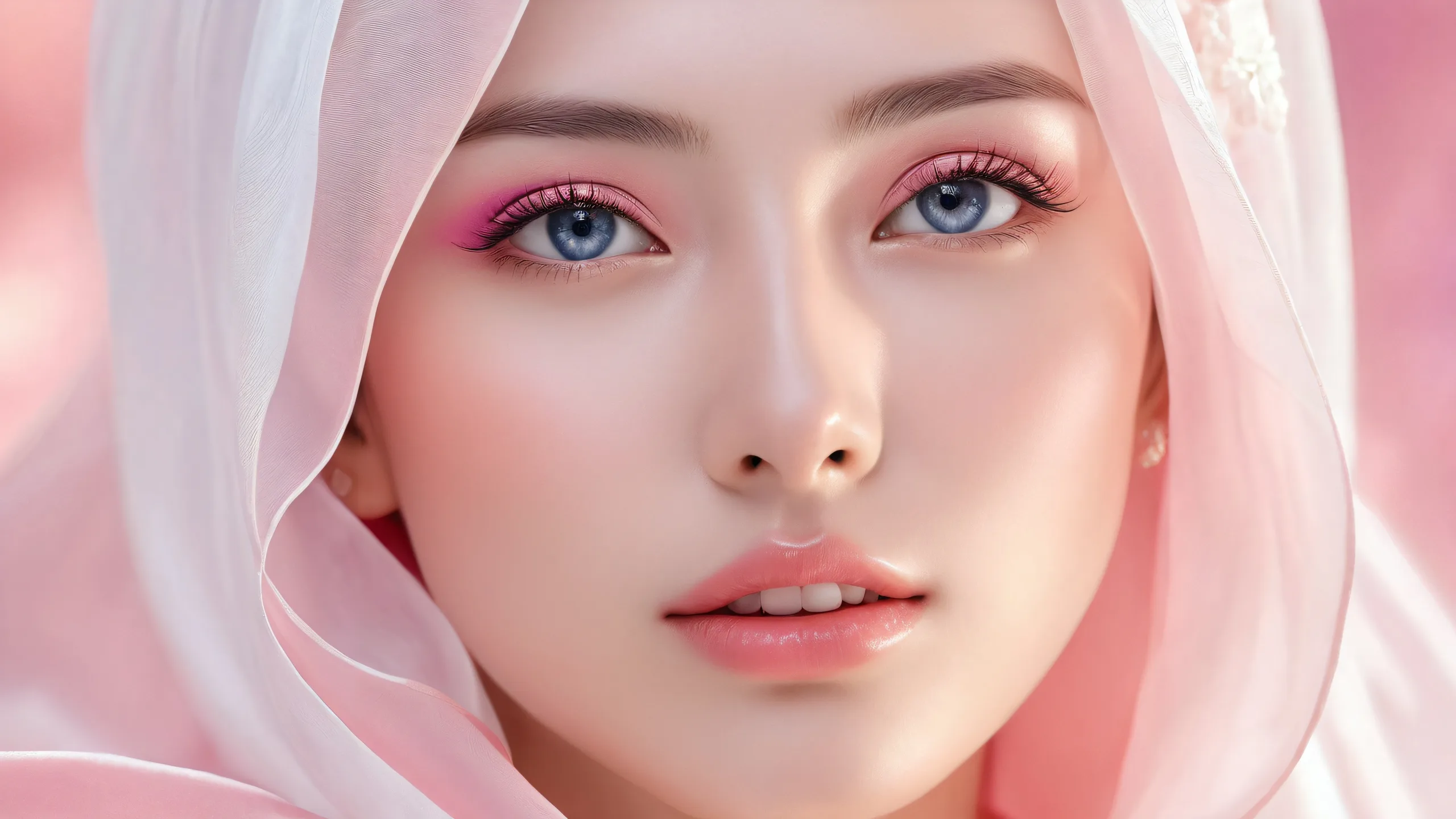 A beautiful, cinematic desktop wallpaper featuring a stunning, radiant face set against a vast, pure void with extreme depth of field and ray traced reflections. Suitable for Desktop/PC.