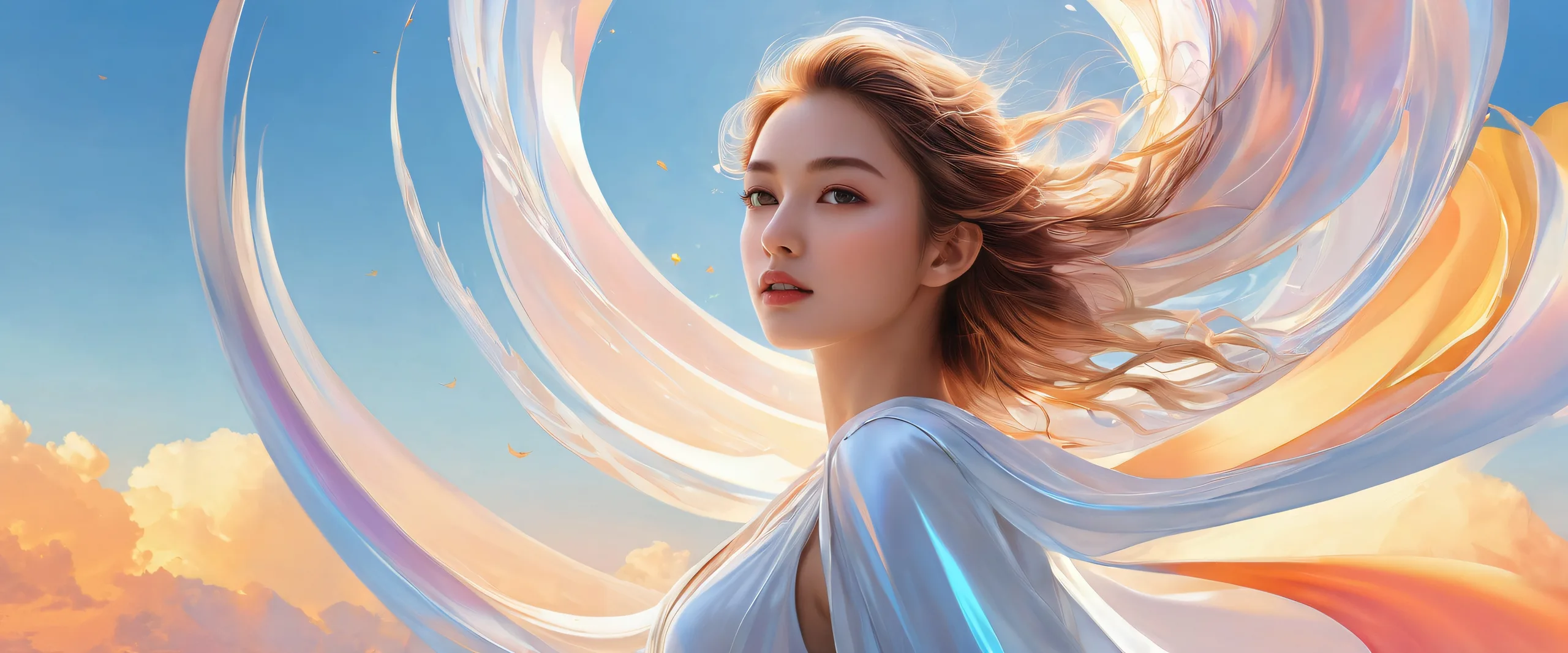 Epic Ethereal Radiance in Vastness Desktop Wallpaper A stunning desktop wallpaper of a woman set against a vast, pure void with radiant lighting and brilliant colors for your PC or Desktop