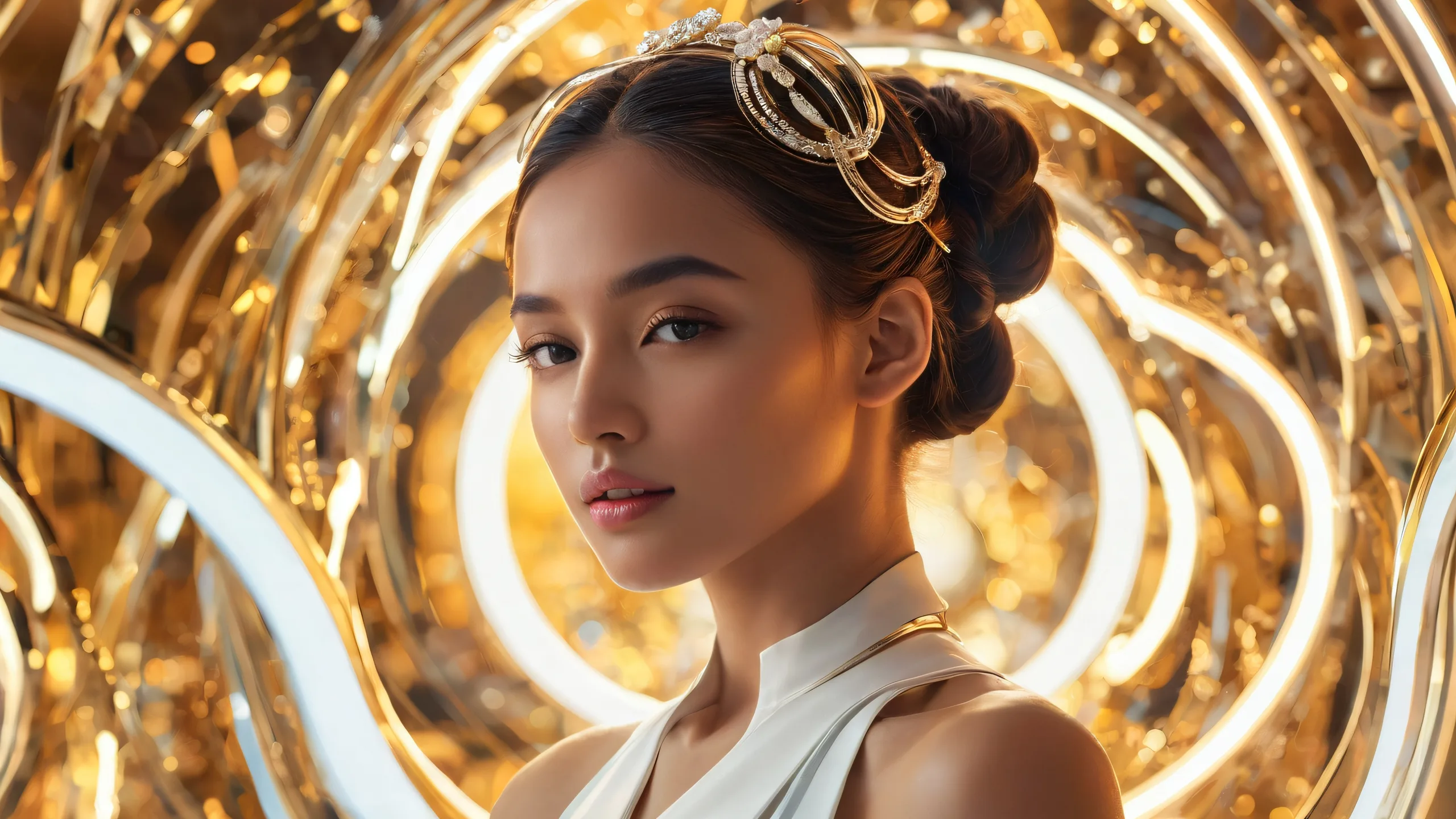 Luxurious desktop wallpaper featuring a prestigious woman amidst an exquisite void with radiant lighting and brilliant colors, suitable for PC or Desktop.