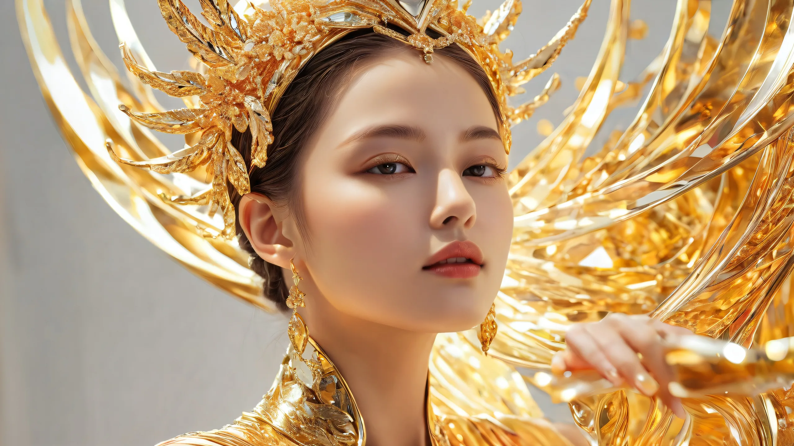 A stunning portrait of a woman set against a vast pure void, with extreme depth of field and ethereal lighting.